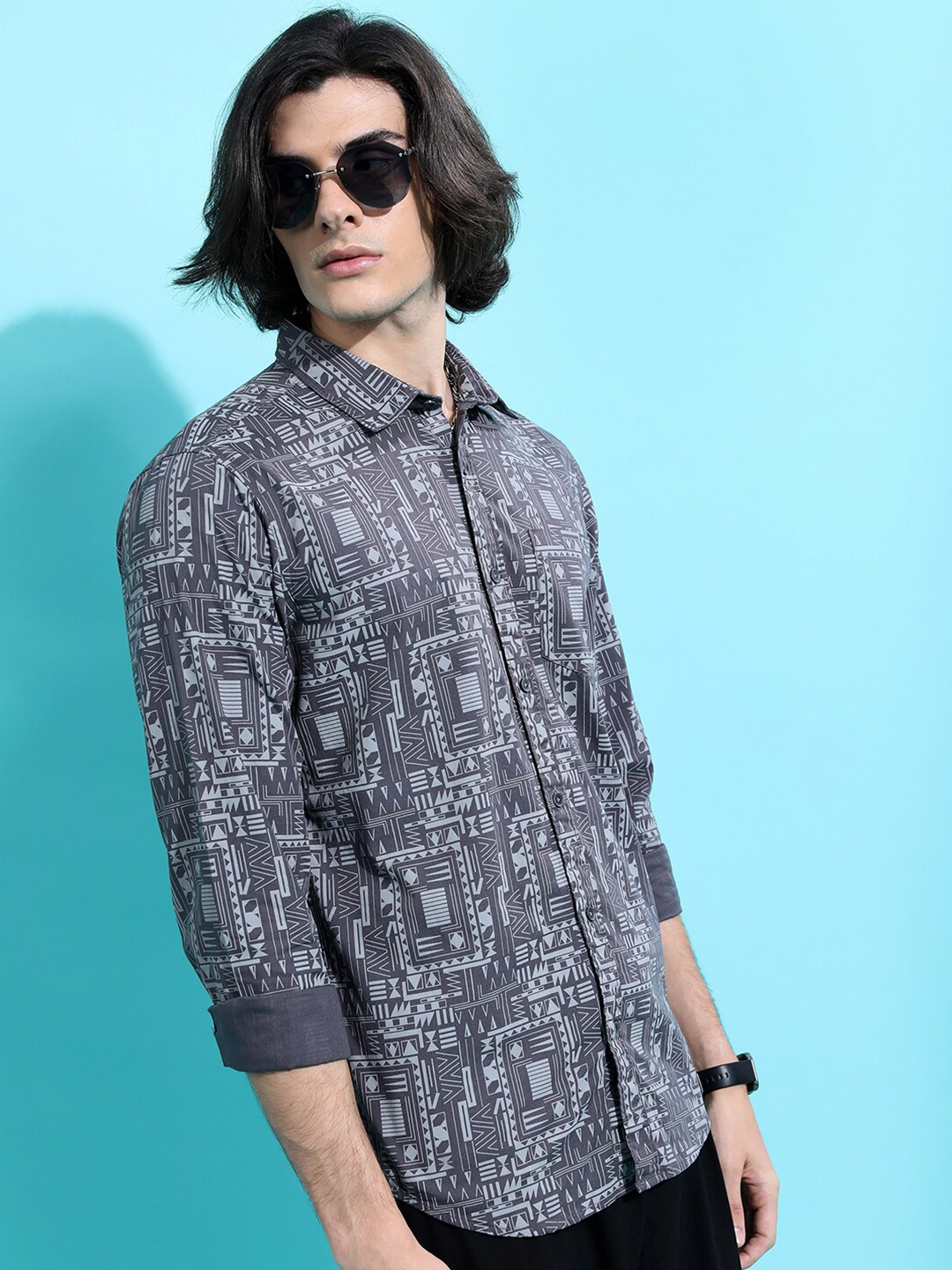 

HIGHLANDER Grey Slim Fit Geometric Printed Cotton Casual Shirt