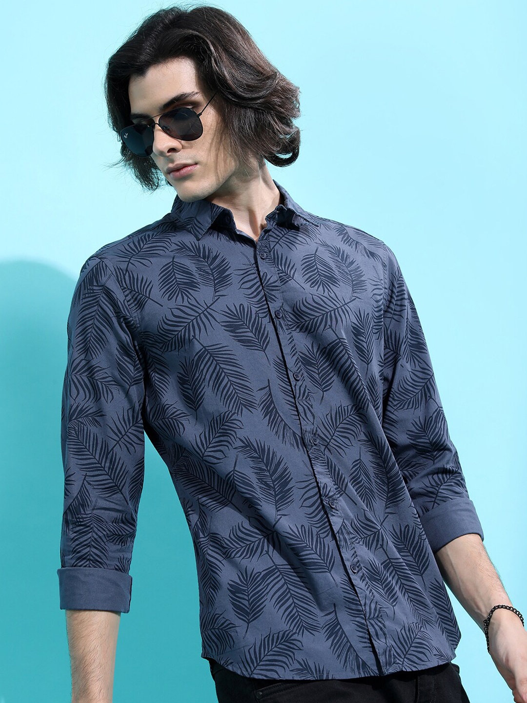 

HIGHLANDER Navy Blue Slim Fit Tropical Printed Cotton Casual Shirt