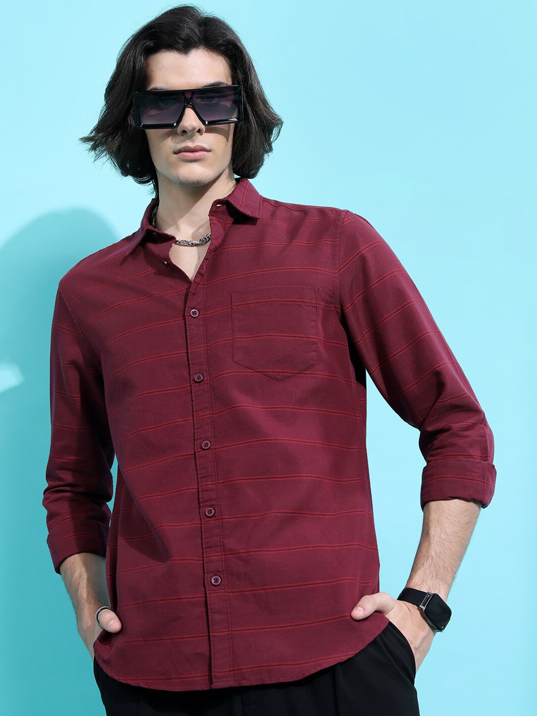 

HIGHLANDER Maroon Slim Fit Horizontal Striped Casual Shirt