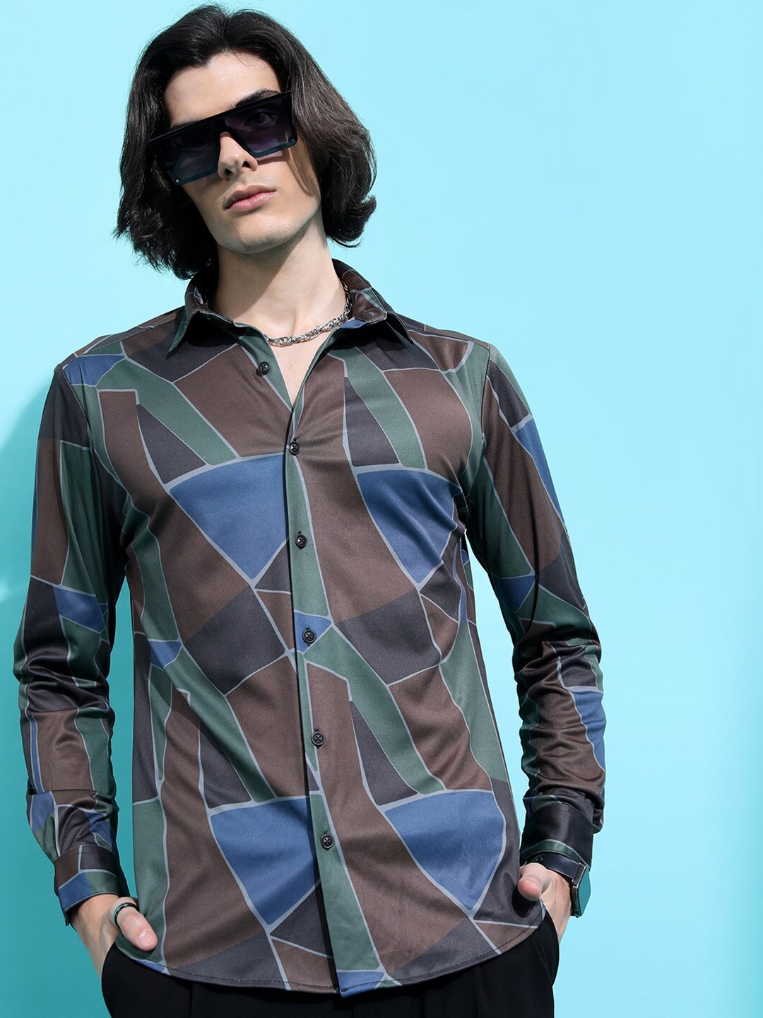 

HIGHLANDER Olive Green & Blue Slim Fit Abstract Printed Casual Shirt