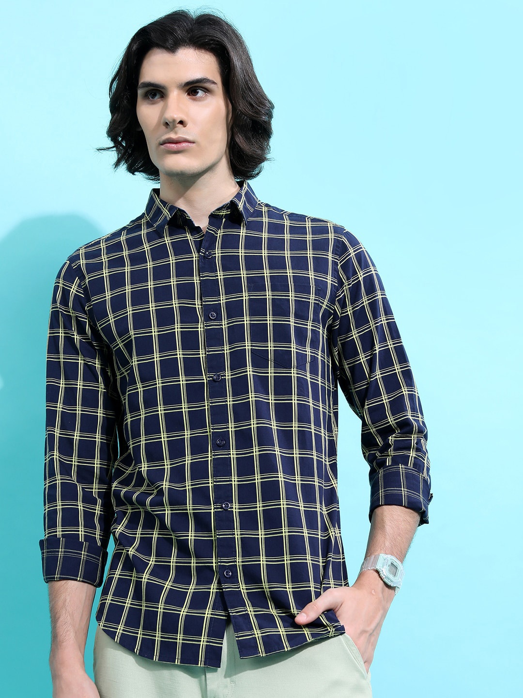 

HIGHLANDER Navy Blue Slim Fit Checked Cotton Casual Shirt