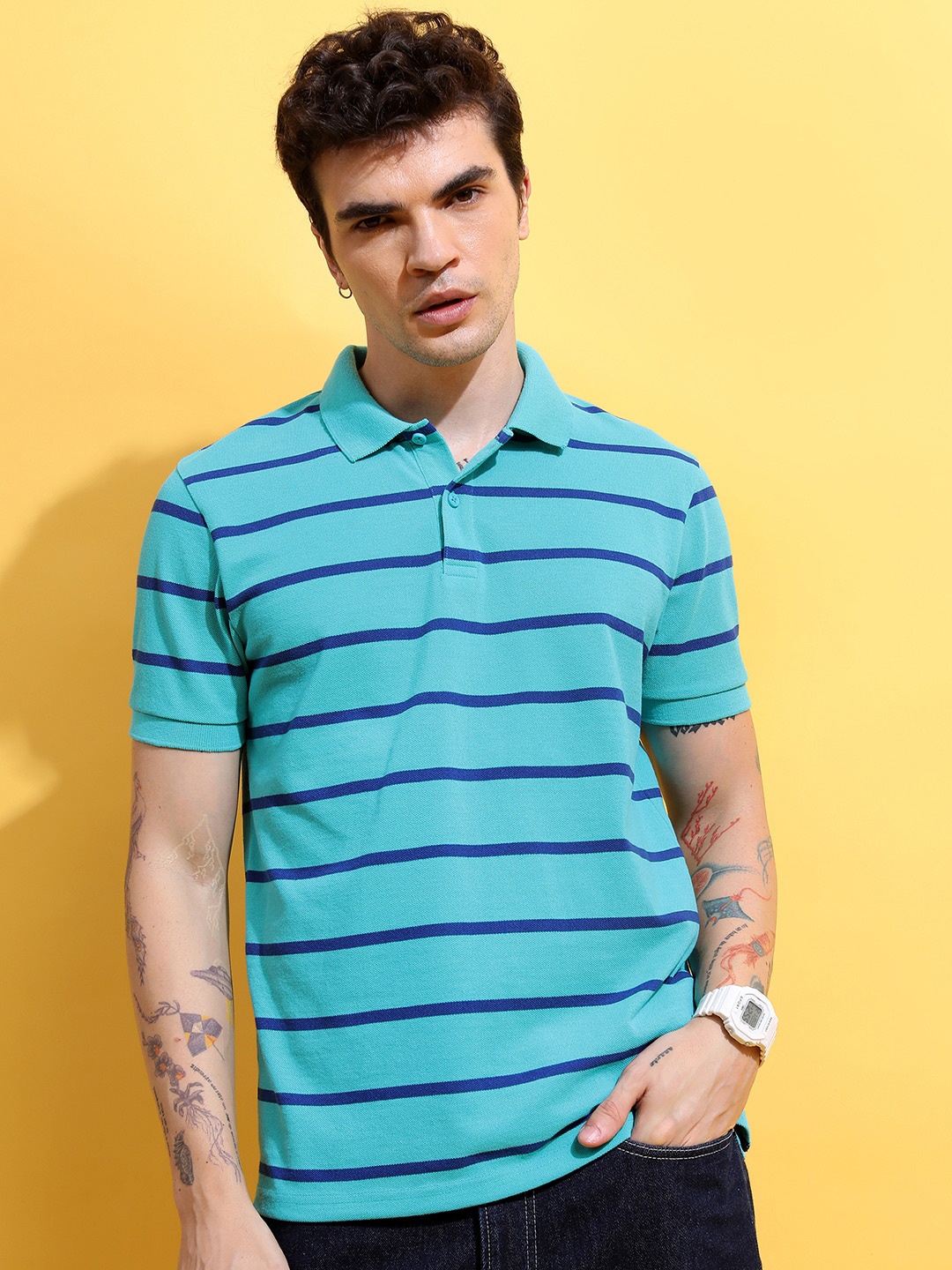 

HIGHLANDER Sea Green Striped Polo Collar Slim Fit T-shirt