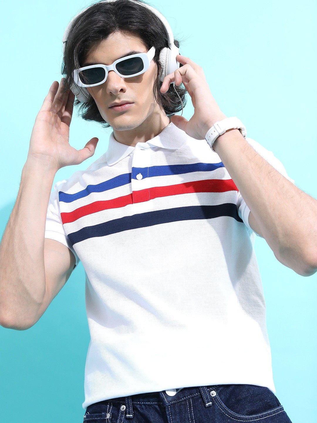 

HIGHLANDER White Striped Polo Collar Slim Fit T-shirt