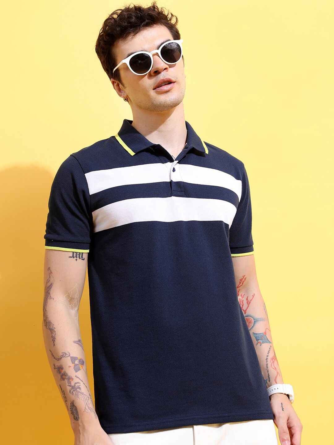 

HIGHLANDER Navy Blue Colourblocked Polo Collar Slim Fit T-shirt