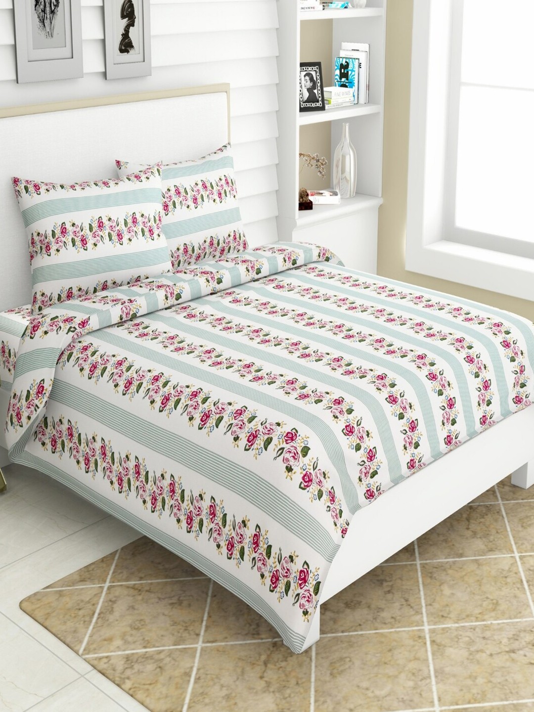

haus & kinder White Floral 186 TC Pure Cotton Queen Bedsheet with 2 Pillow Covers