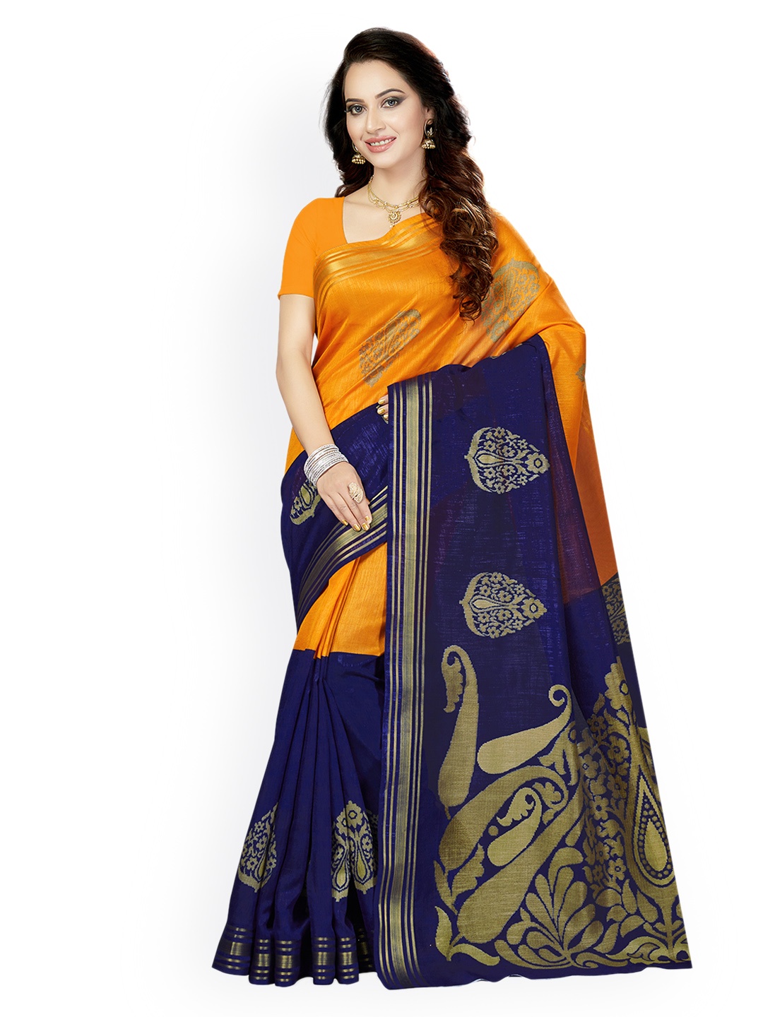 

Ishin Orange & Blue Art Silk Woven Design Bhagalpuri Saree