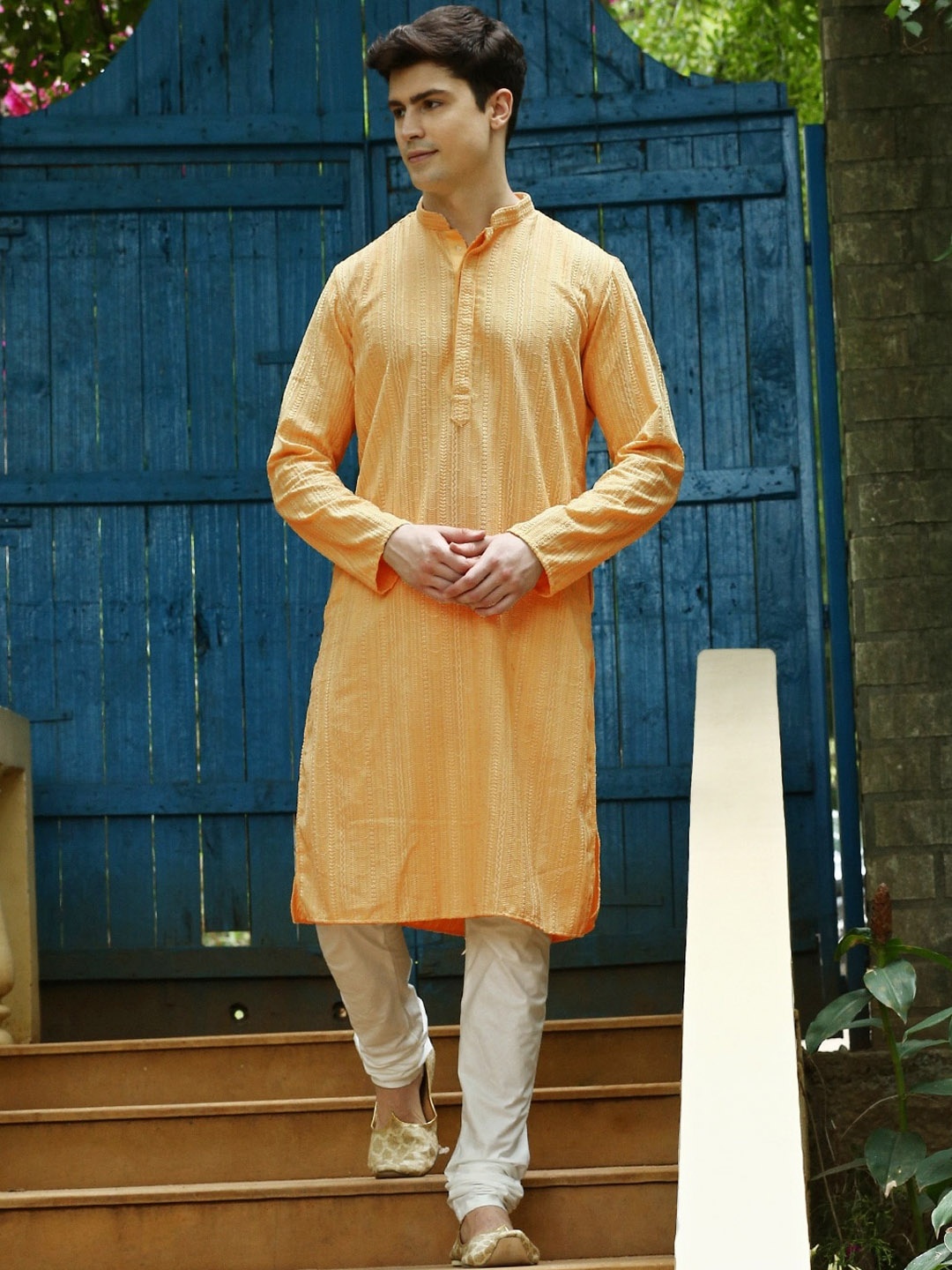 

Sanwara Men Embroidered Chikankari Cotton Kurta, Yellow