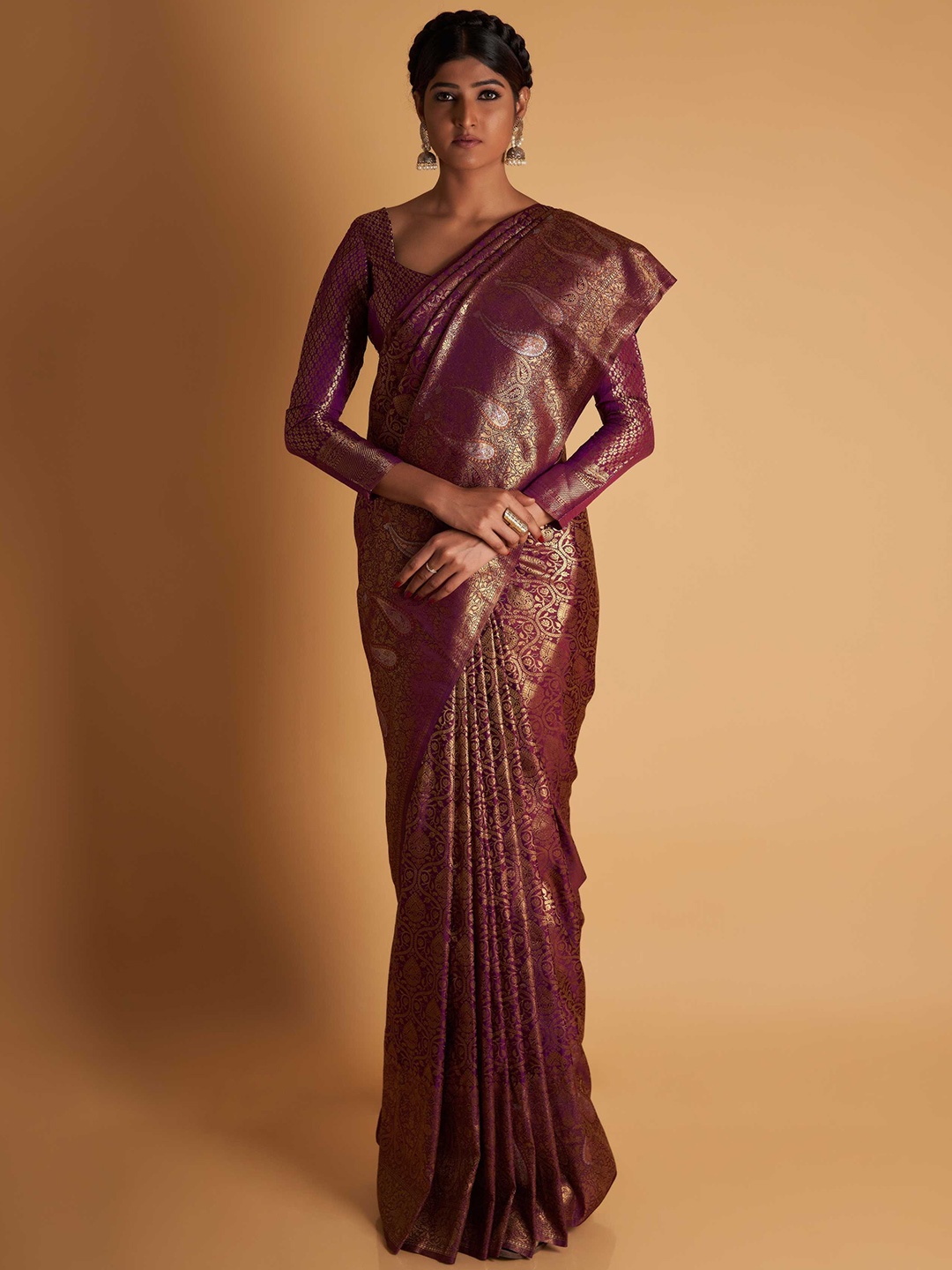 

Vardha Ethnic Motifs Zari Silk Blend Kanjeevaram Saree, Purple