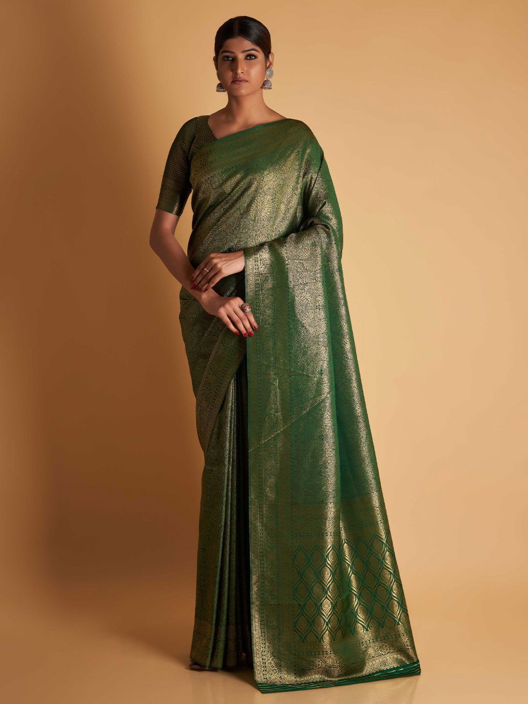 

Vardha Ethnic Motifs Zari Kanjeevaram Saree, Green