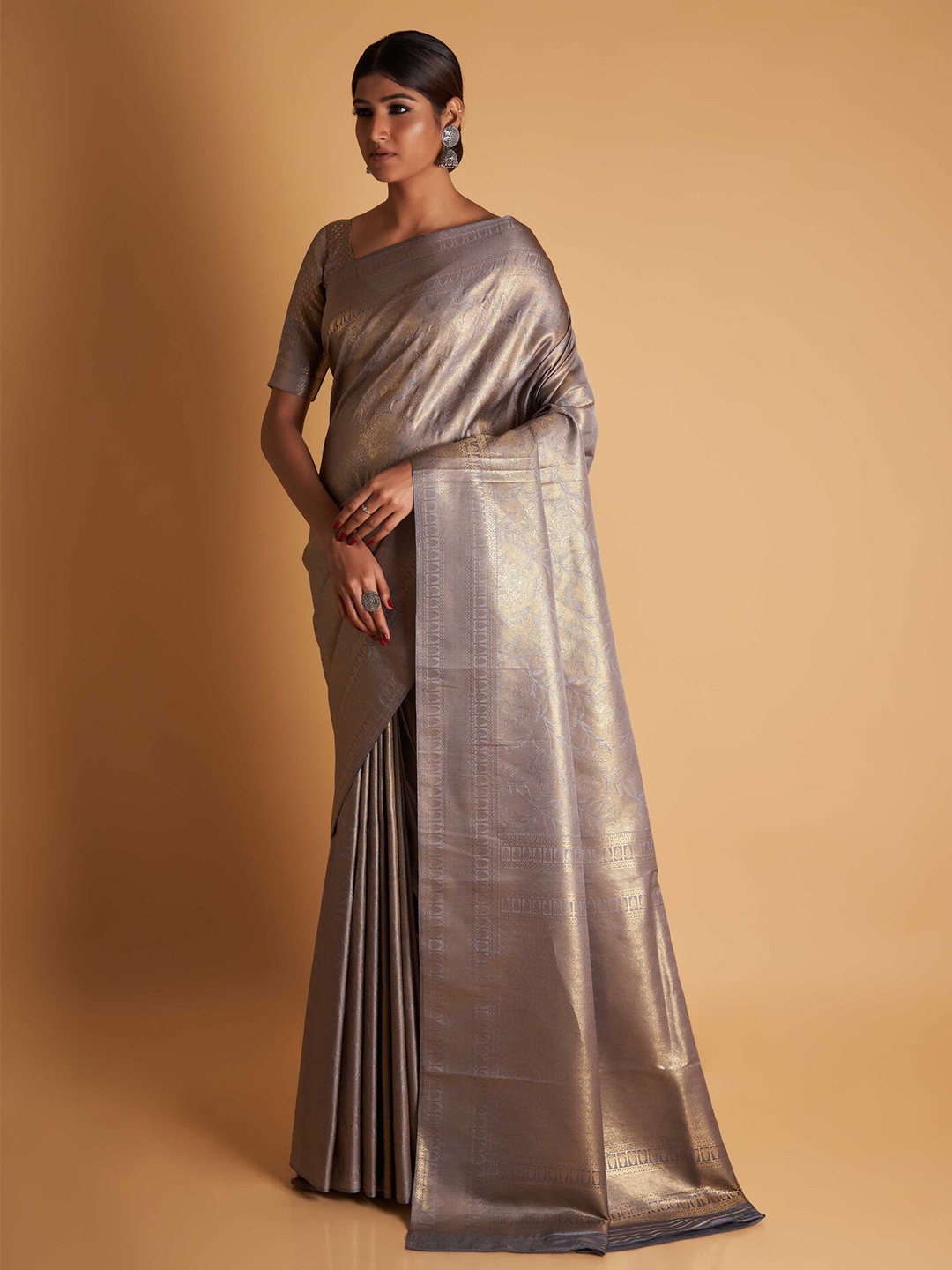 

Vardha Woven Design Zari Kanjeevaram Saree, Grey