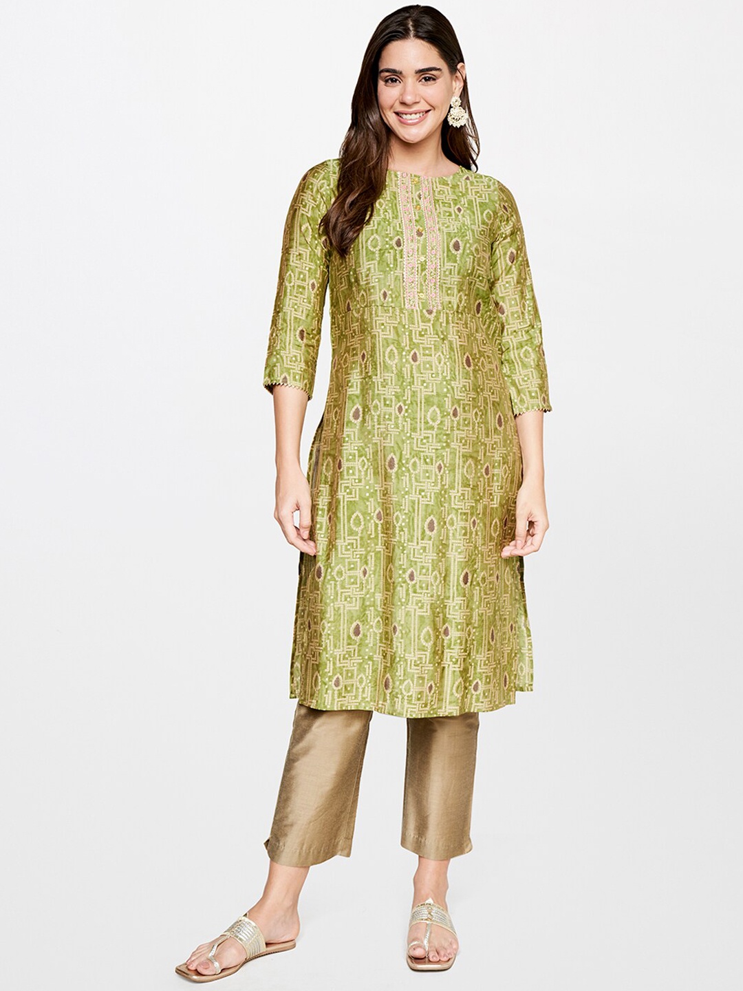 

itse Bandhani Printed Thread Worked Straight Kurta, Green