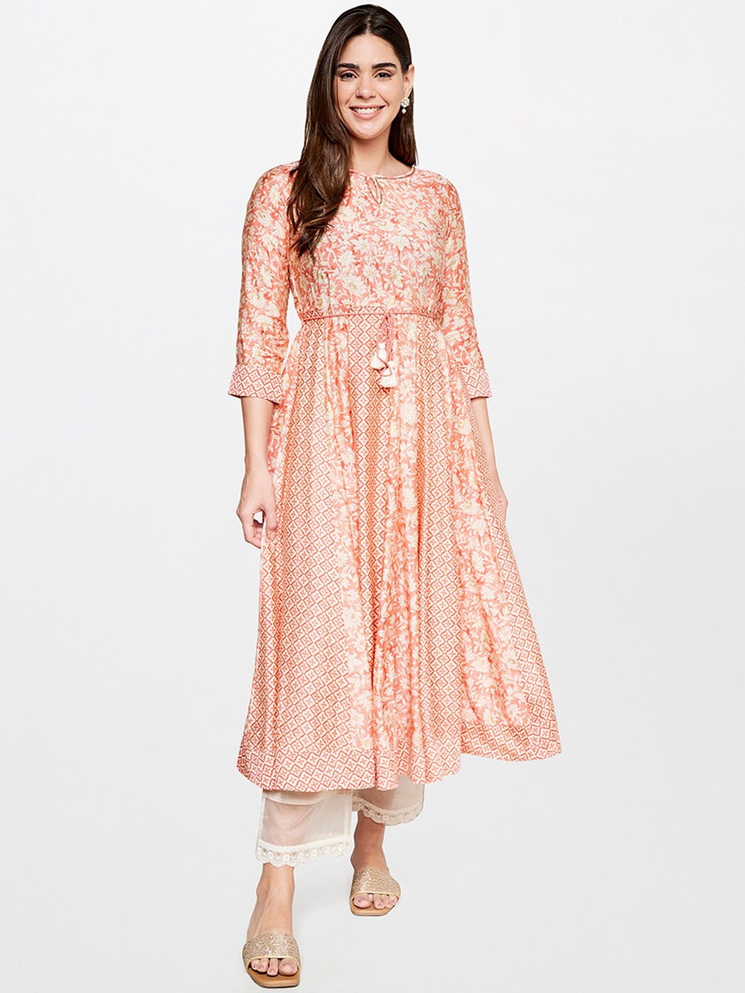 

itse Floral Printed Key Hole Neck Anarkali Kurta, Peach