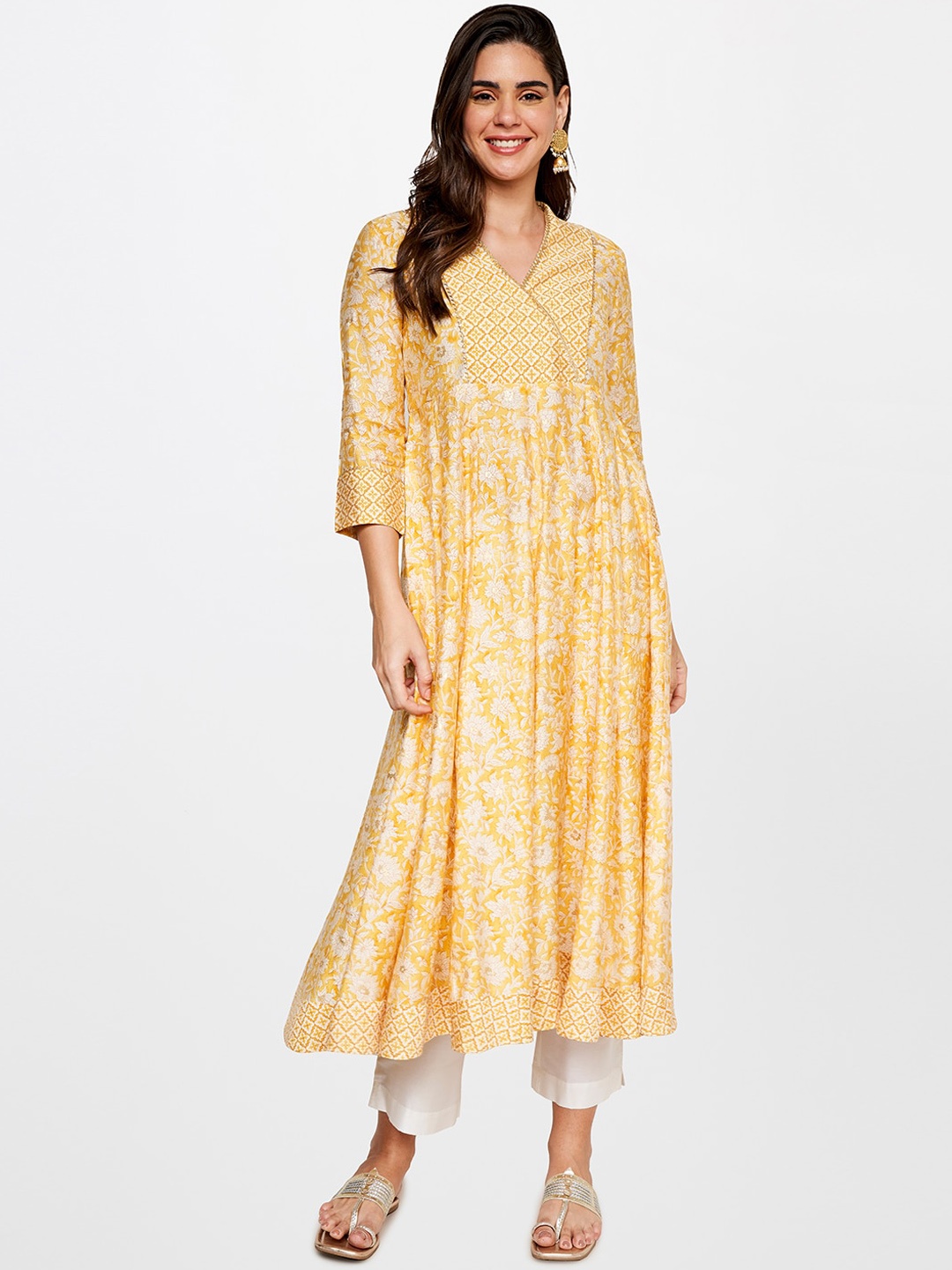 

itse Floral Printed Gota Patti Anarkali Kurta, Yellow