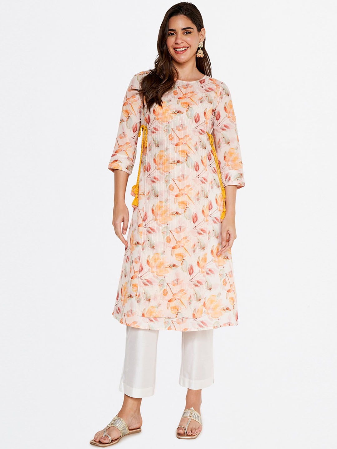 

itse Floral Printed Sequinned Layered Straight Kurta, Off white