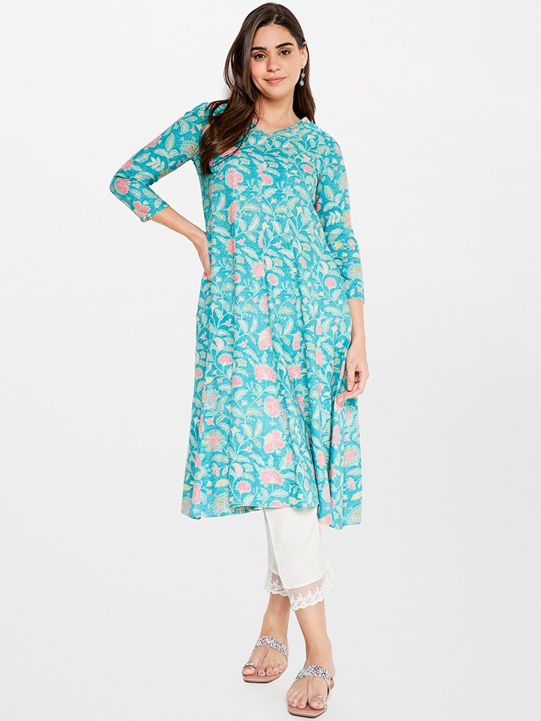 

itse Floral Printed Gotta Patti High-Low Hem Kurta, Blue
