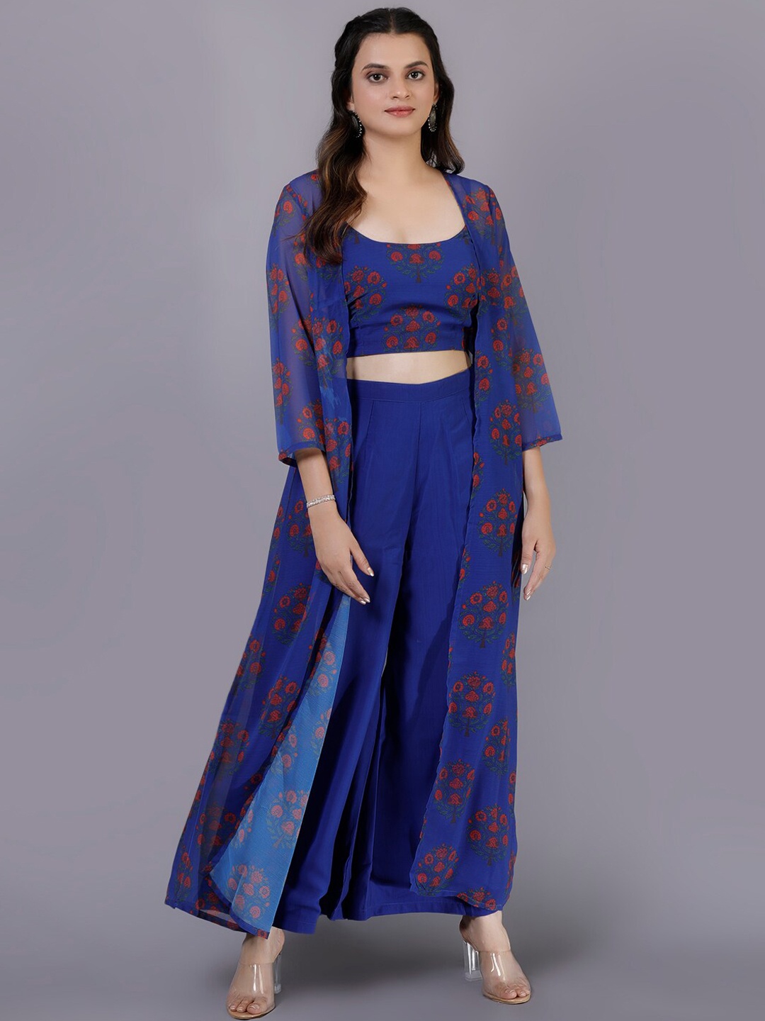 

V TRADITION Printed Top & Trouser With Shrug Co-Ords, Blue