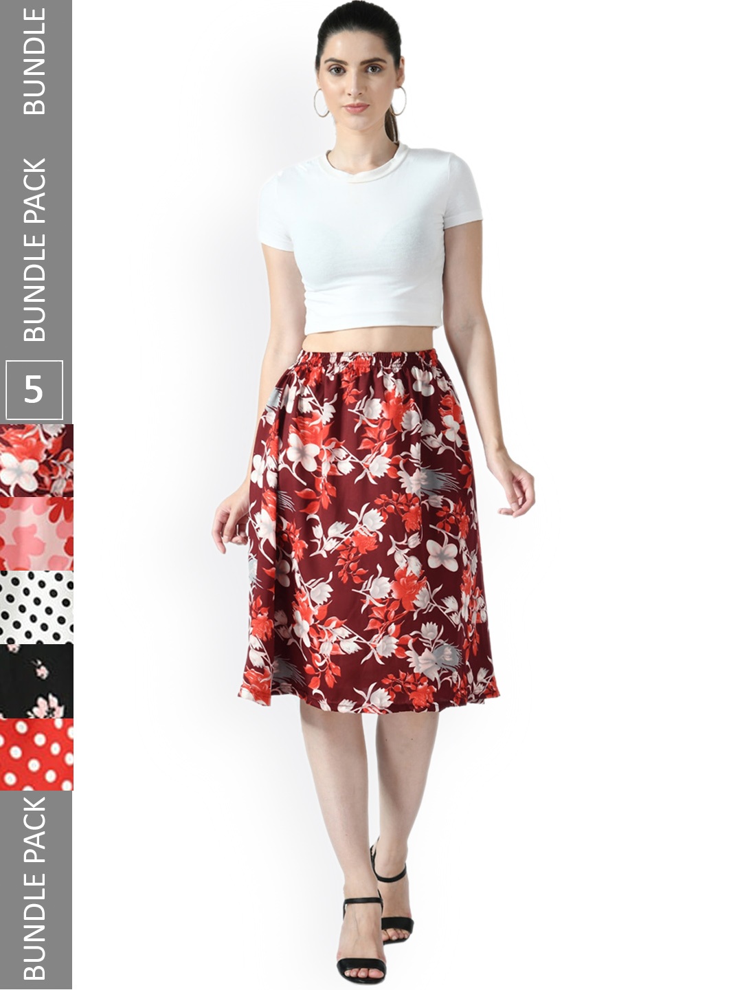 

IndiWeaves Women Pack Of 5 Printed Flared Midi Skirts, Black