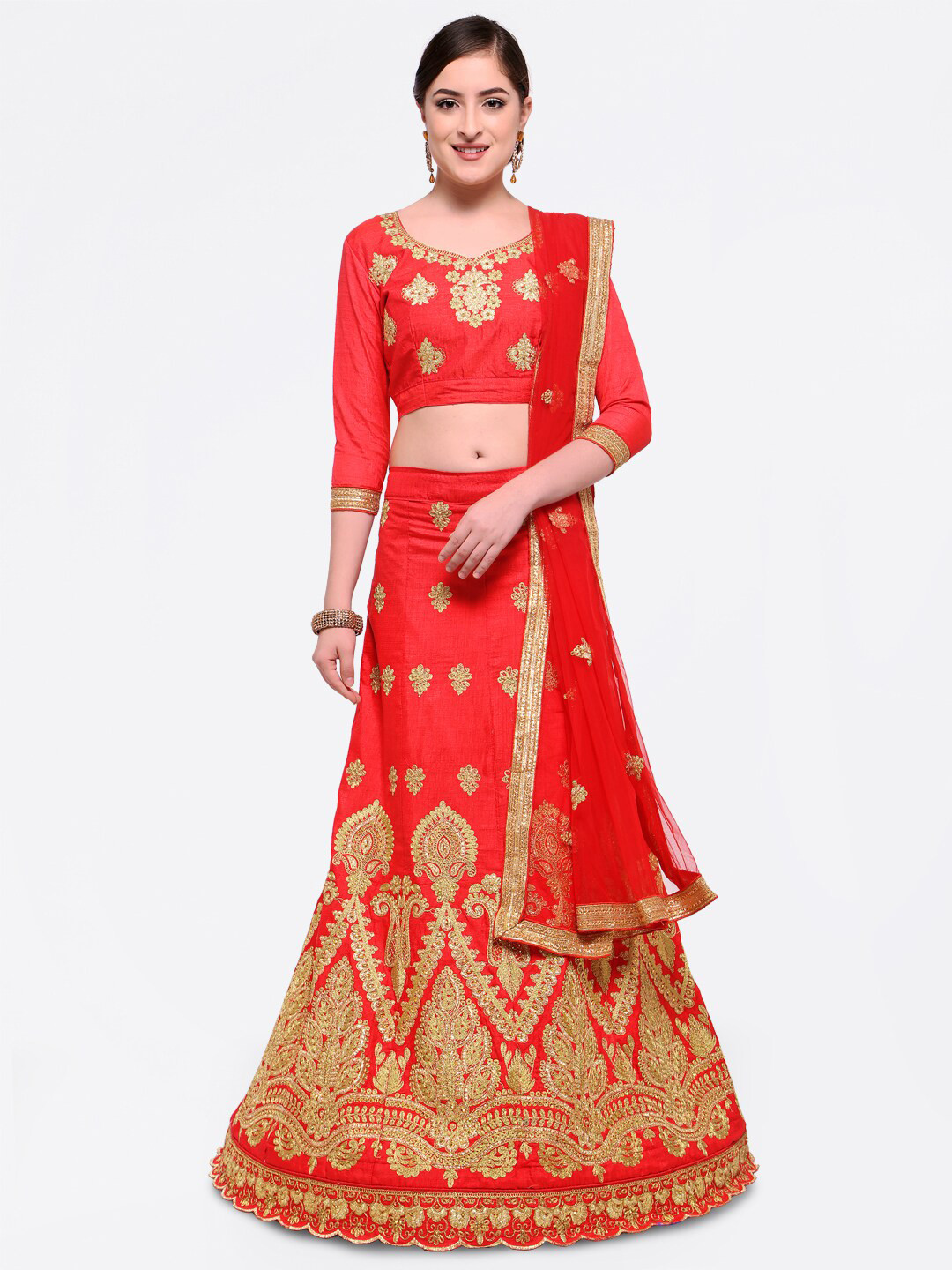 

MANVAA Embroidered Semi-Stitched Lehenga & Unstitched Blouse With Dupatta, Red