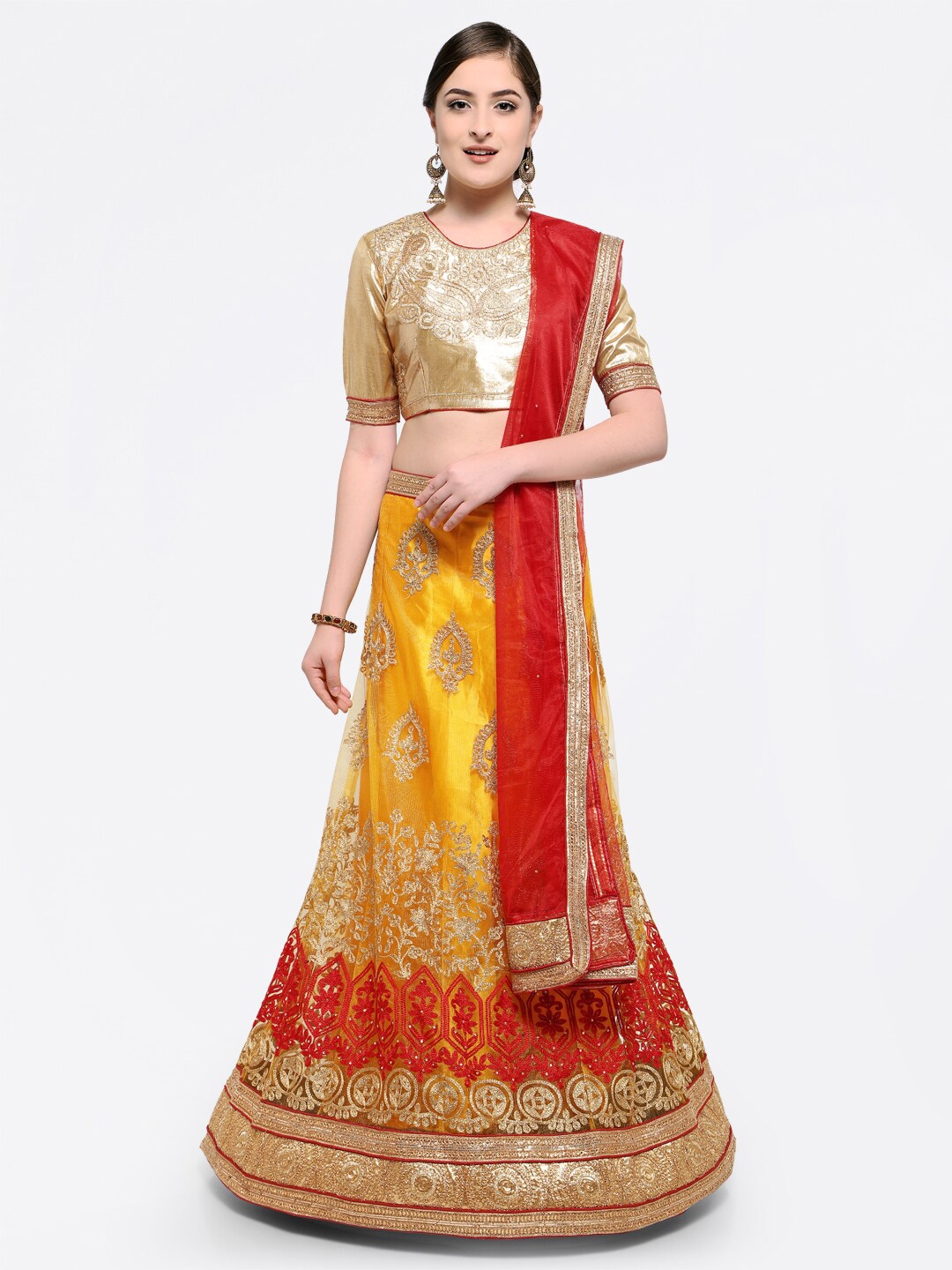

MANVAA Embroidered Semi-Stitched Lehenga & Unstitched Blouse With Dupatta, Yellow