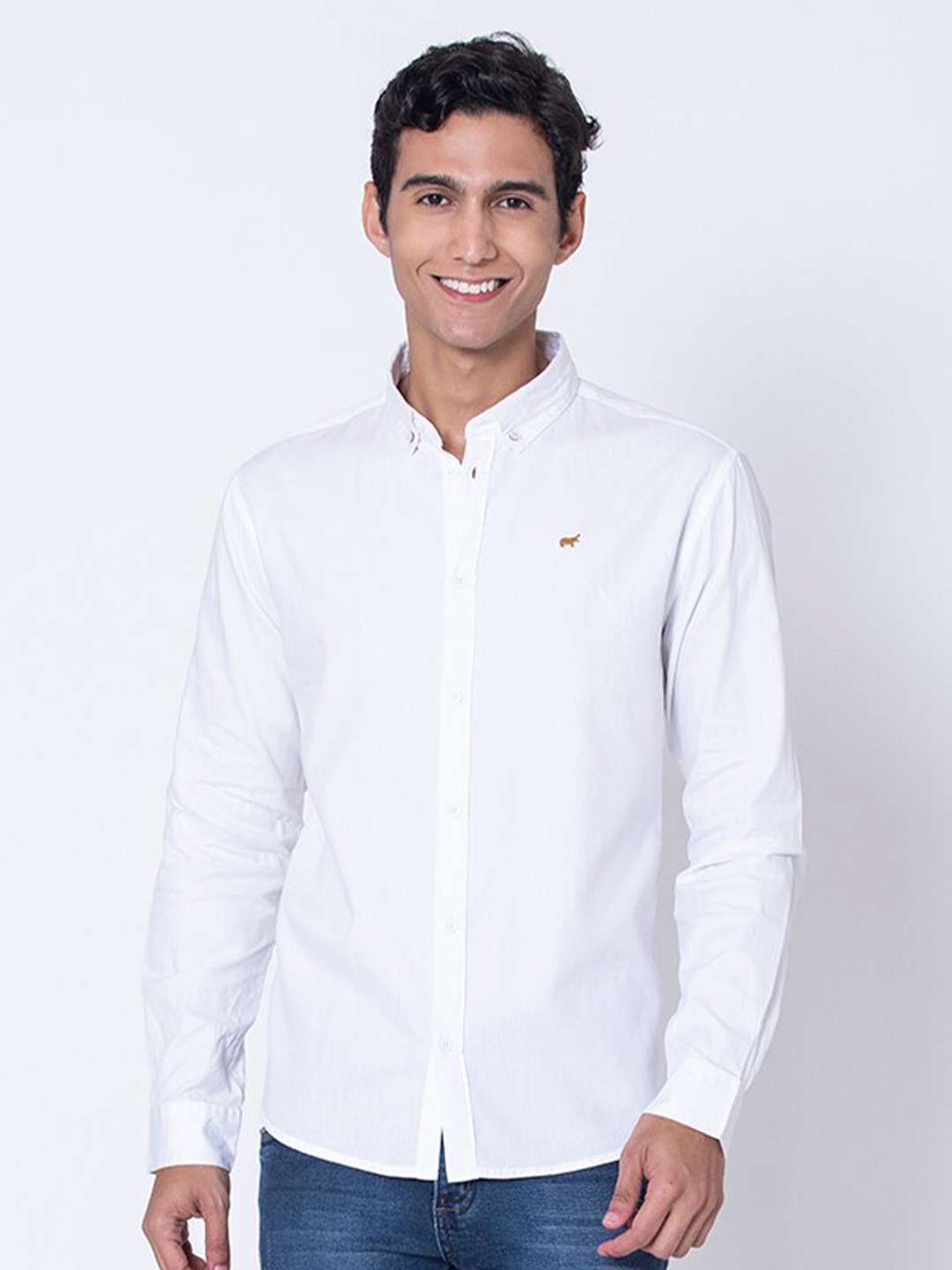 

BRACLO Button-Down Collar Twill Weave Cotton Casual Shirt, White