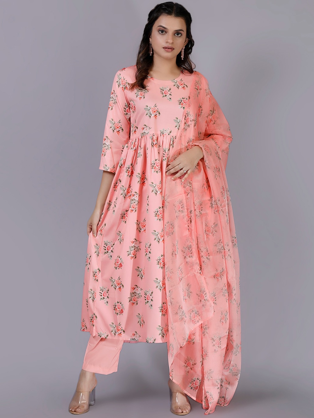 

V TRADITION Women Floral Printed Kurta With Trousers & Dupatta, Pink