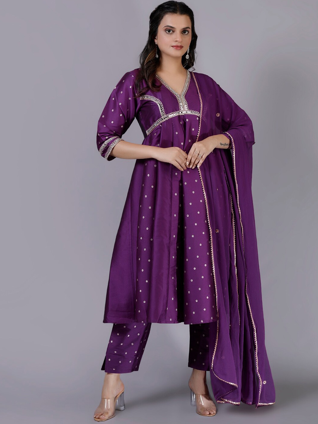 

V TRADITION Women Printed Anarkali Kurta With Trousers & Dupatta, Purple
