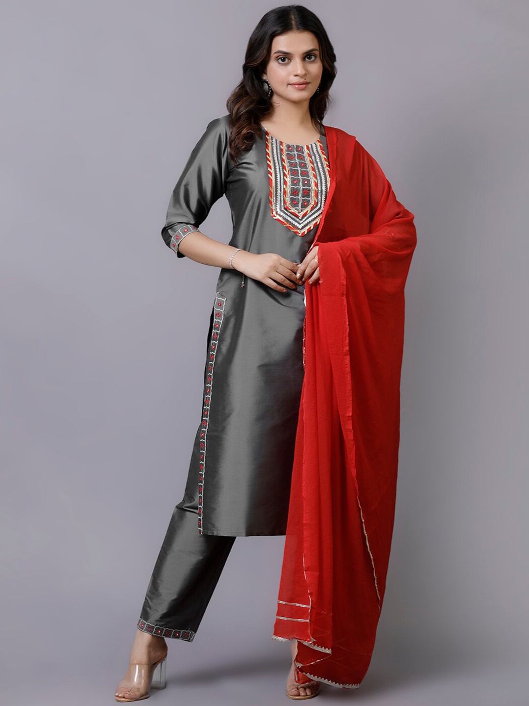 

V TRADITION Women Embroidered Kurta With Trousers & Dupatta, Grey