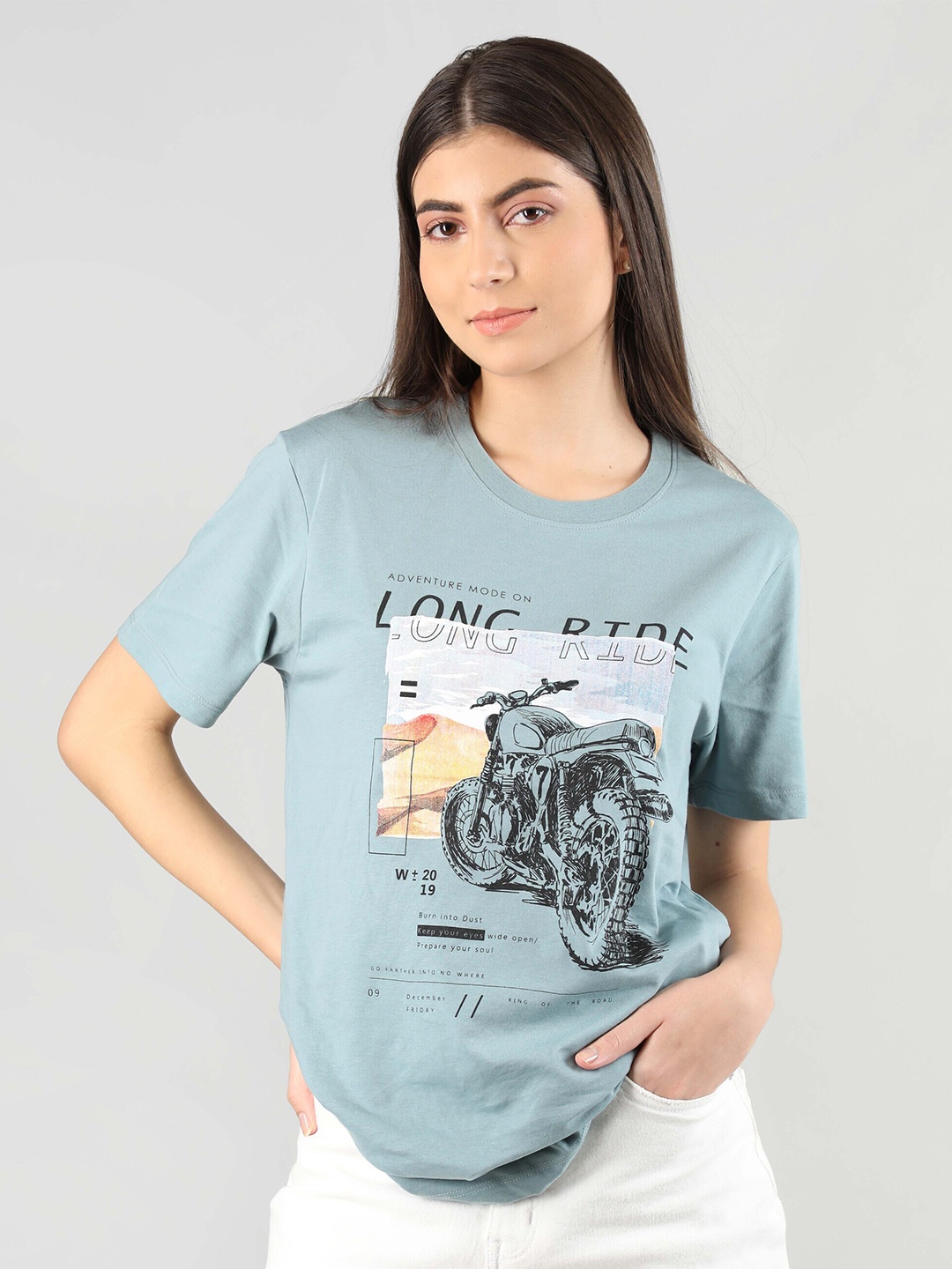 

Plagg Graphic Printed Round Neck Loose Cotton T-shirt, Sea green