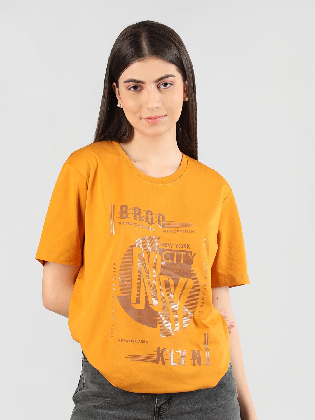 

Plag Typography Printed Loose Cotton T-Shirt, Mustard