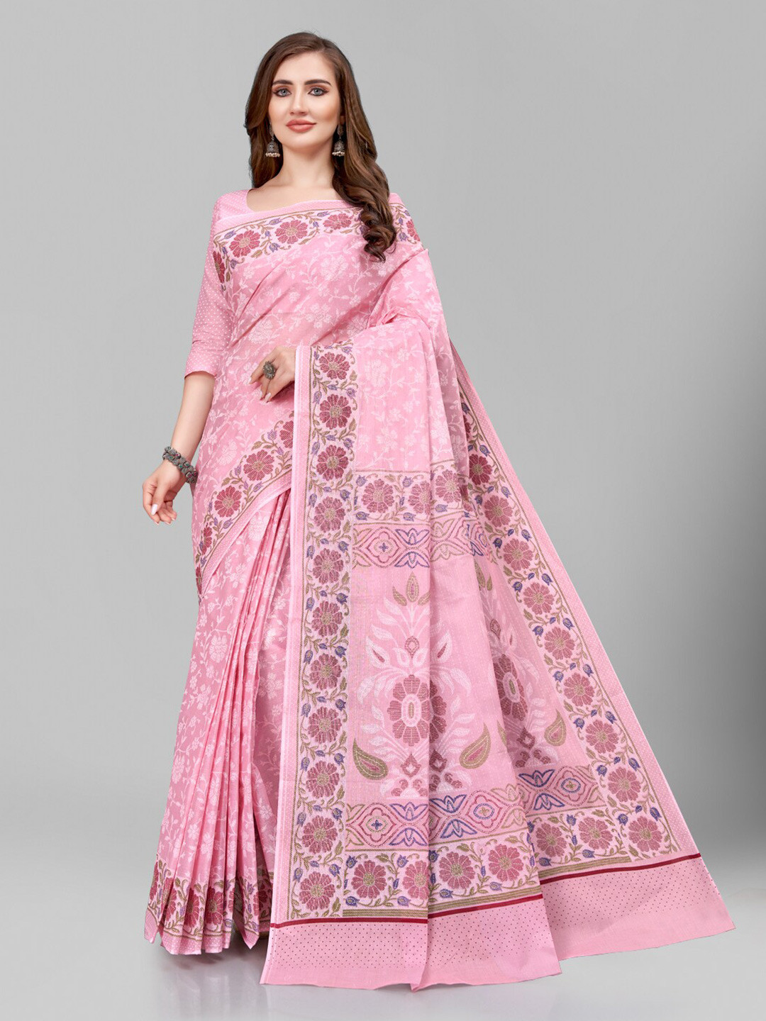 

RATAN Floral Printed Pure Cotton Saree, Pink