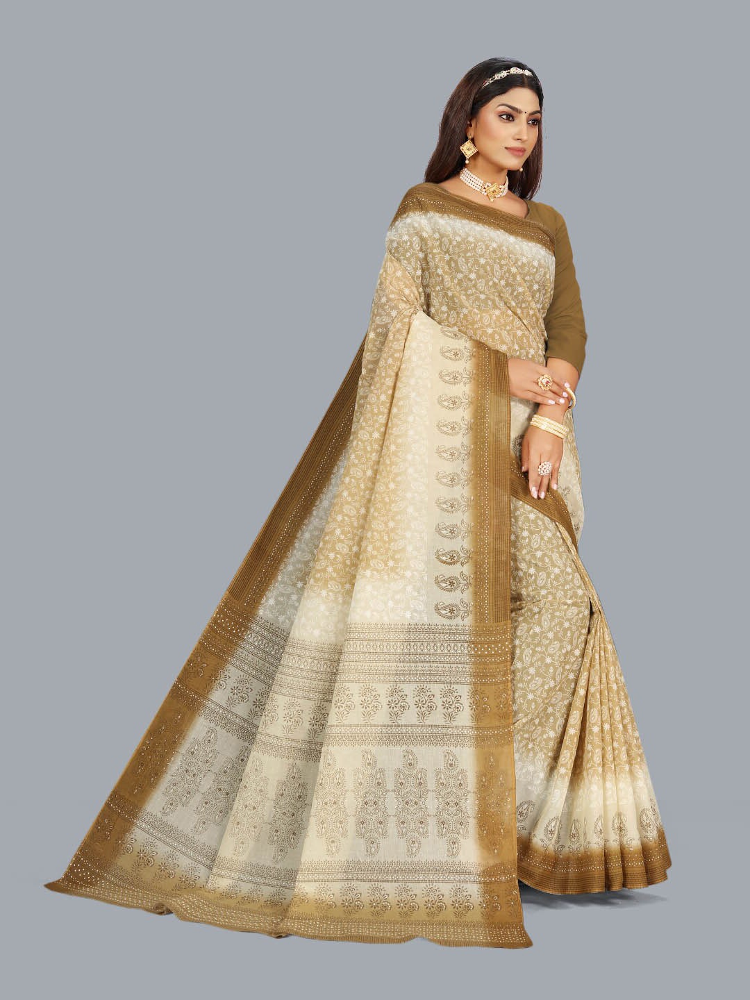

RATAN Floral Printed Pure Cotton Saree, Beige