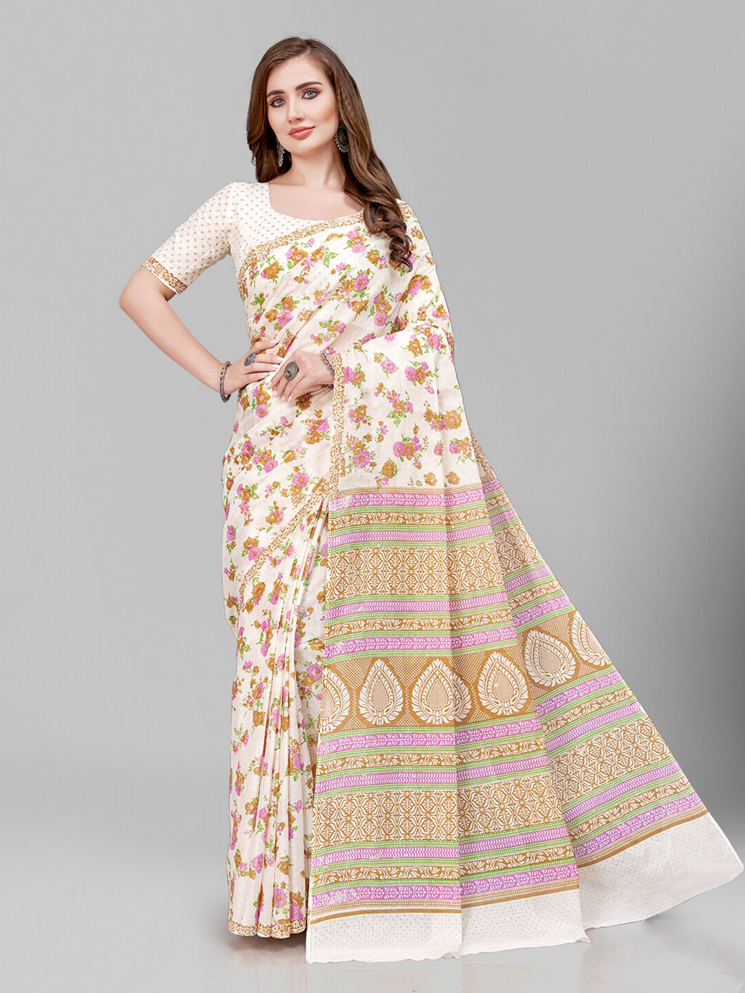 

RATAN Floral Printed Pure Cotton Saree, Cream