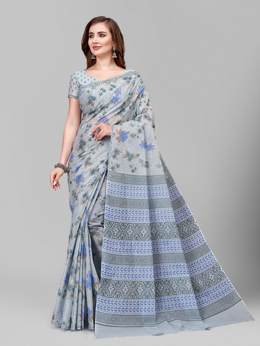 

RATAN Floral Printed Pure Cotton Saree, Grey