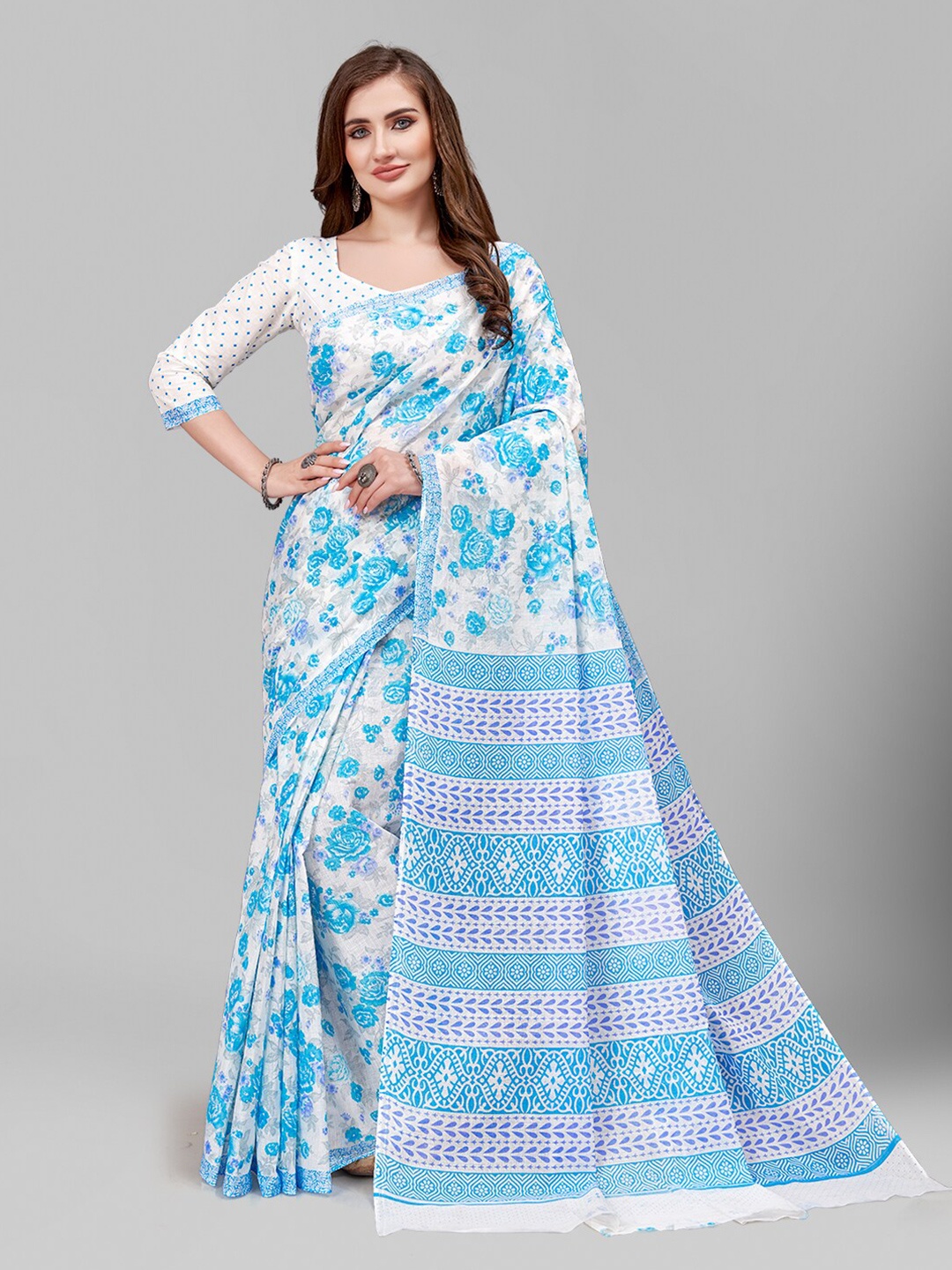 

RATAN Floral Printed Pure Cotton Saree, White