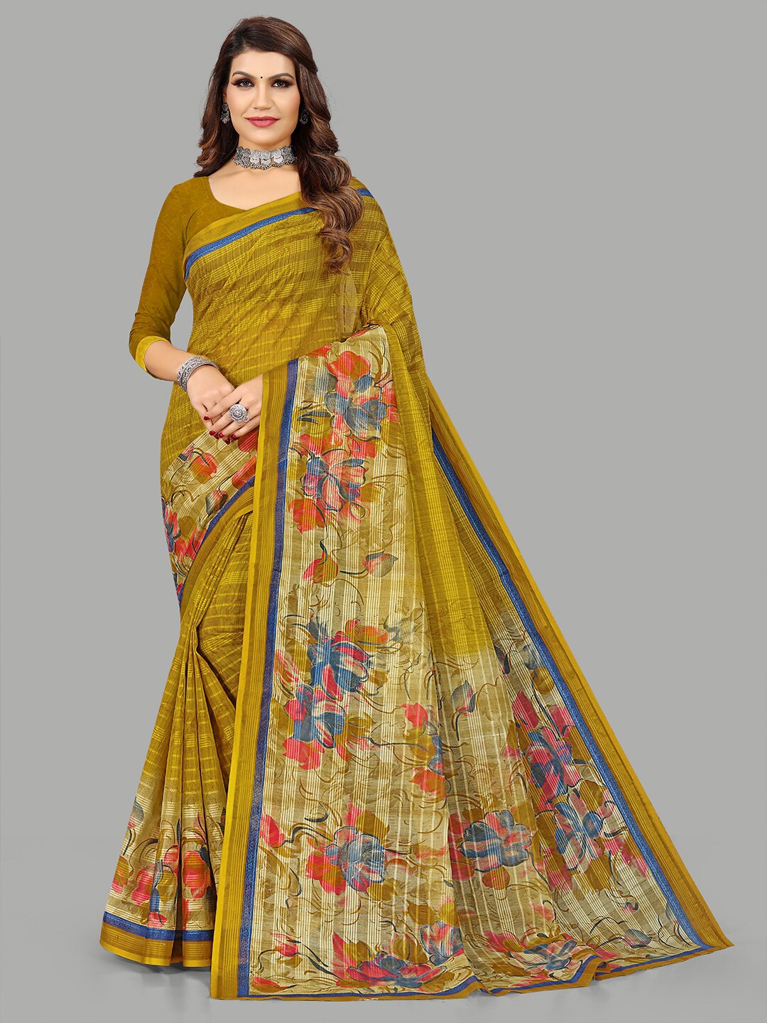 

RATAN Floral Printed Pure Cotton Saree, Yellow