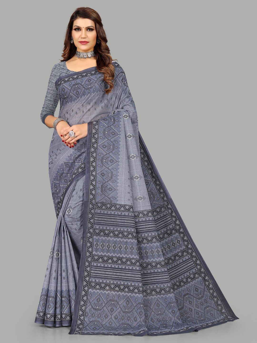 

RATAN Ethnic Motifs Printed Pure Cotton Saree, Grey