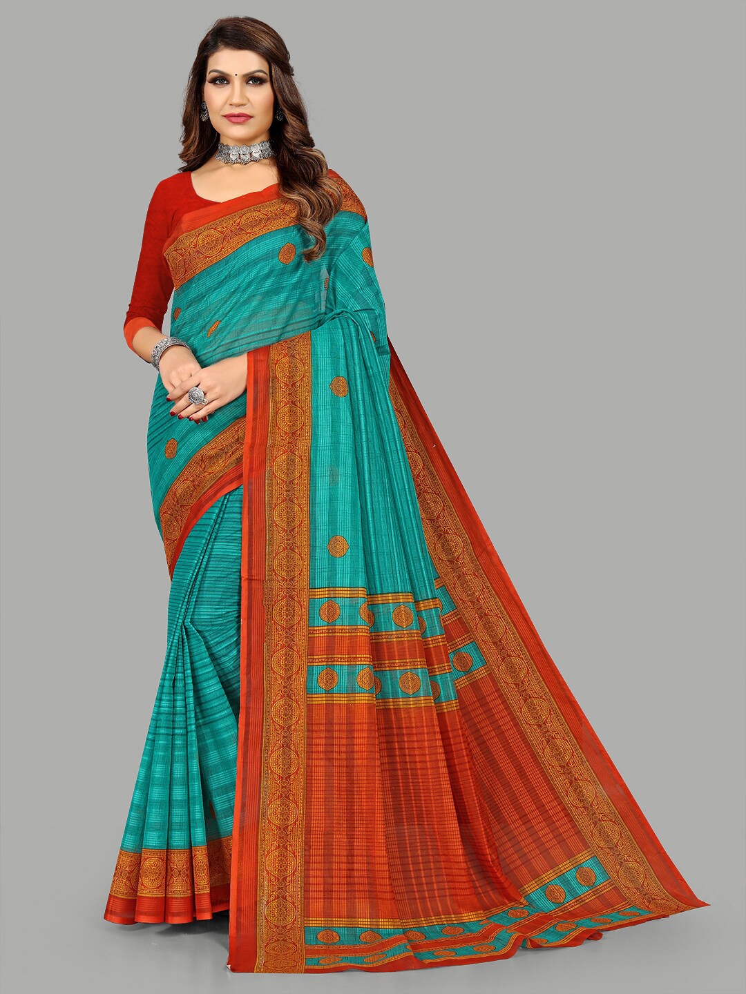 

RATAN Ethnic Motifs Printed Pure Cotton Saree, Green