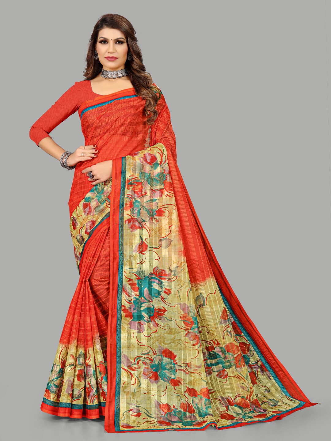

RATAN Floral Printed Pure Cotton Saree, Red