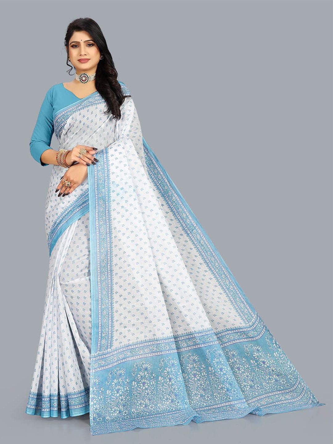 

RATAN Floral Printed Pure Cotton Saree, White