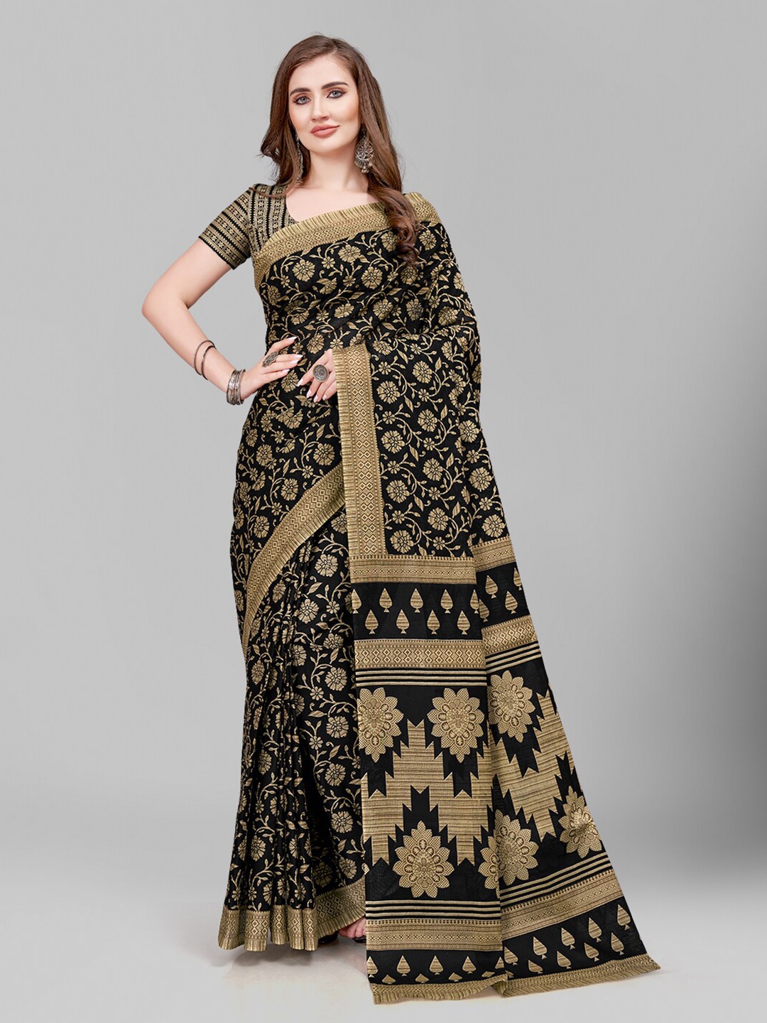 

RATAN Floral Printed Pure Cotton Saree, Black