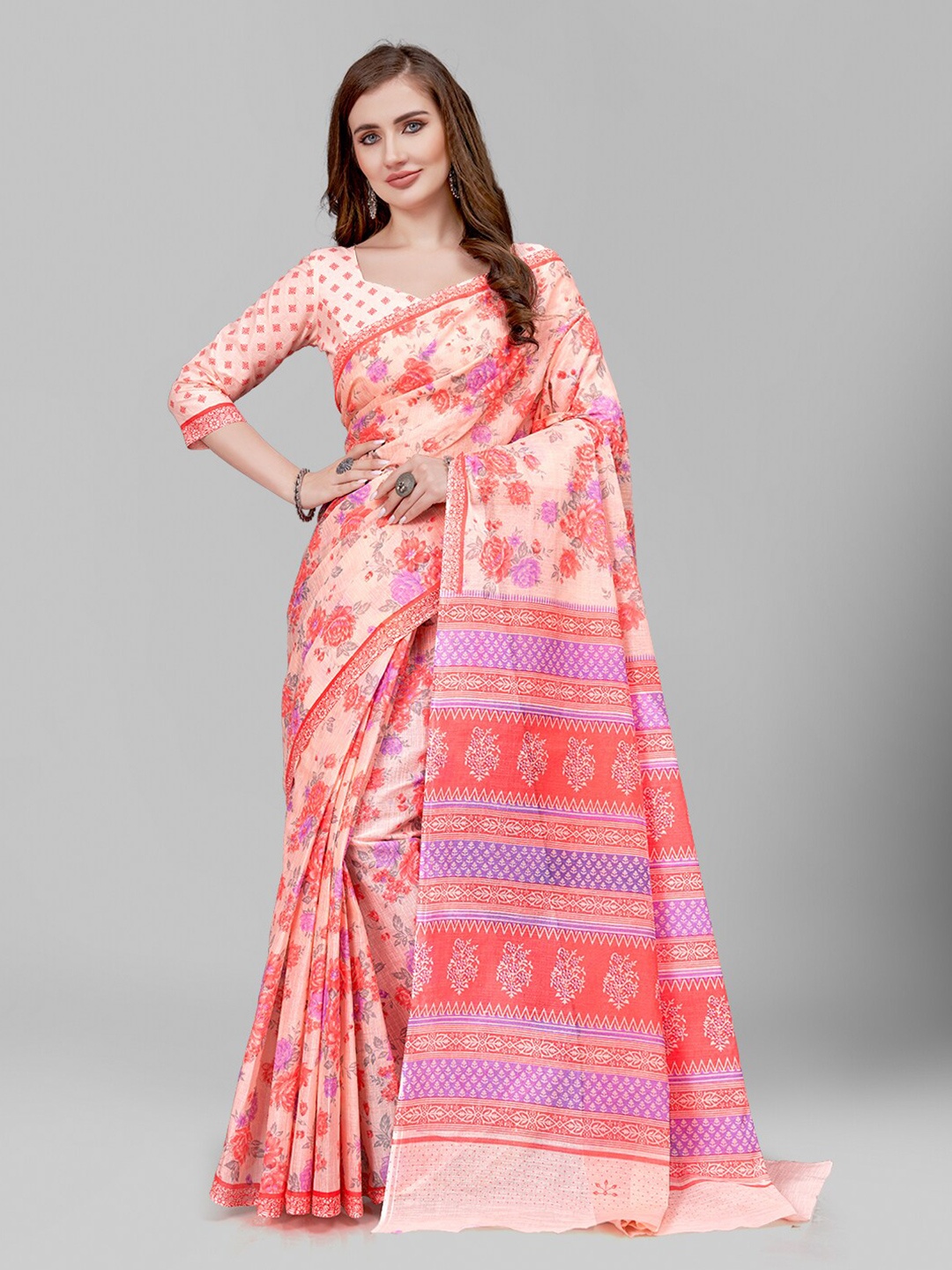 

RATAN Floral Printed Pure Cotton Saree, Peach