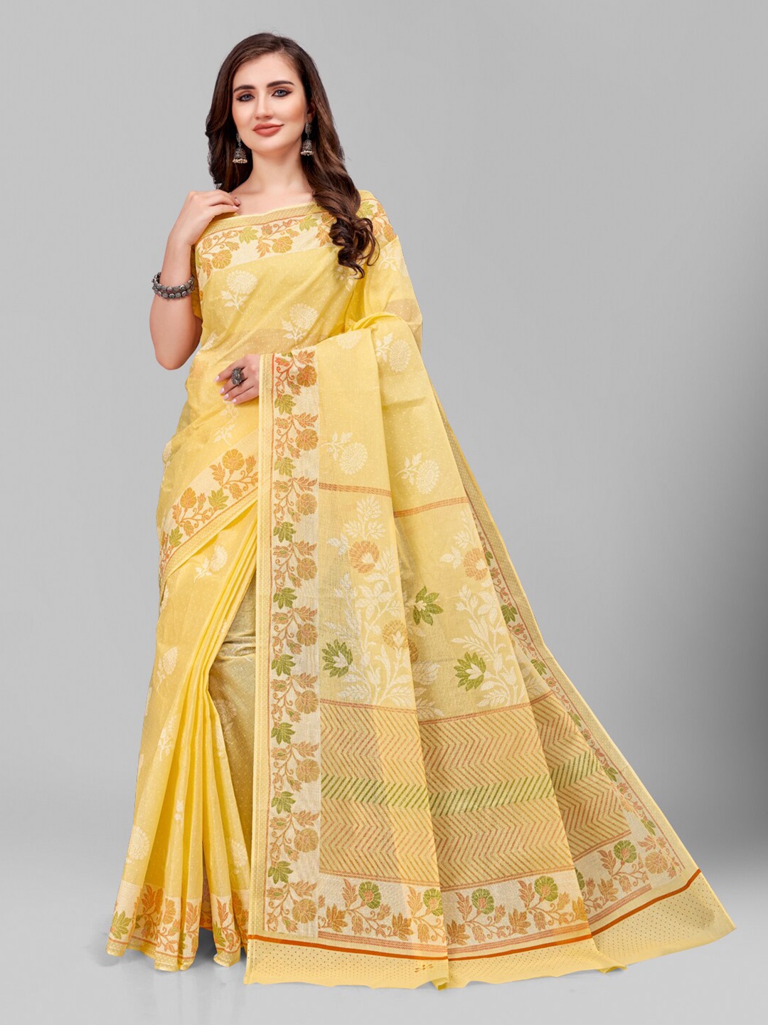 

RATAN Floral Printed Pure Cotton Saree, Yellow