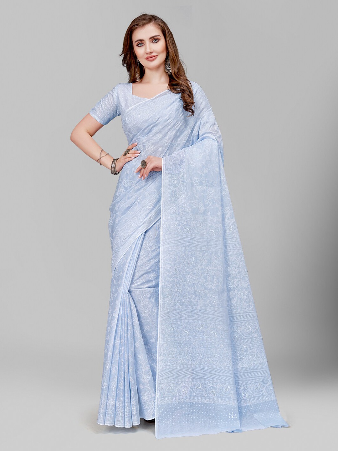 

RATAN Floral Printed Pure Cotton Saree, Blue
