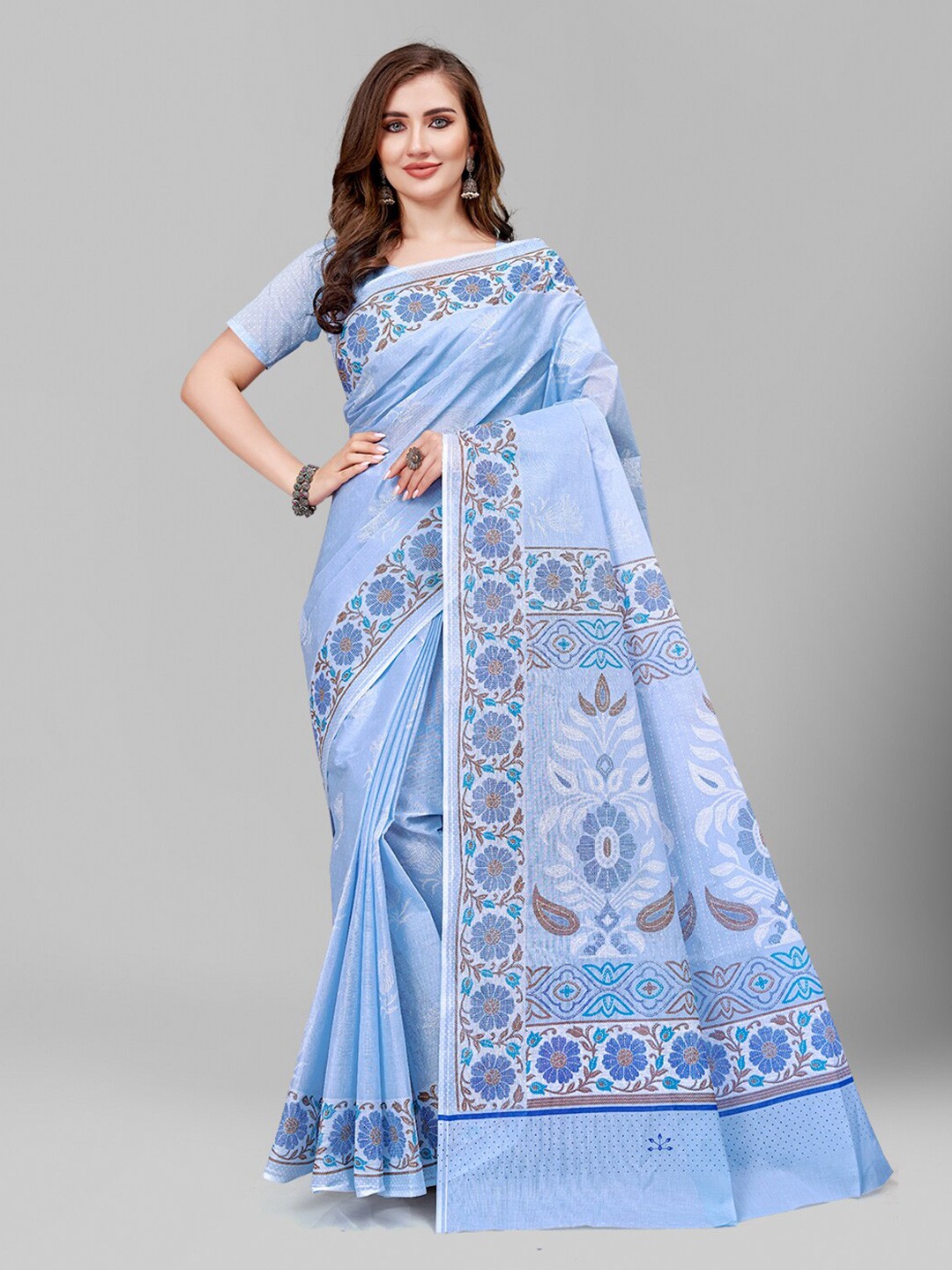 

RATAN Floral Printed Pure Cotton Saree, Blue