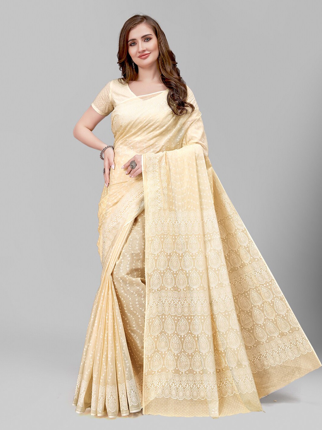 

RATAN Floral Printed Pure Cotton Saree, Beige