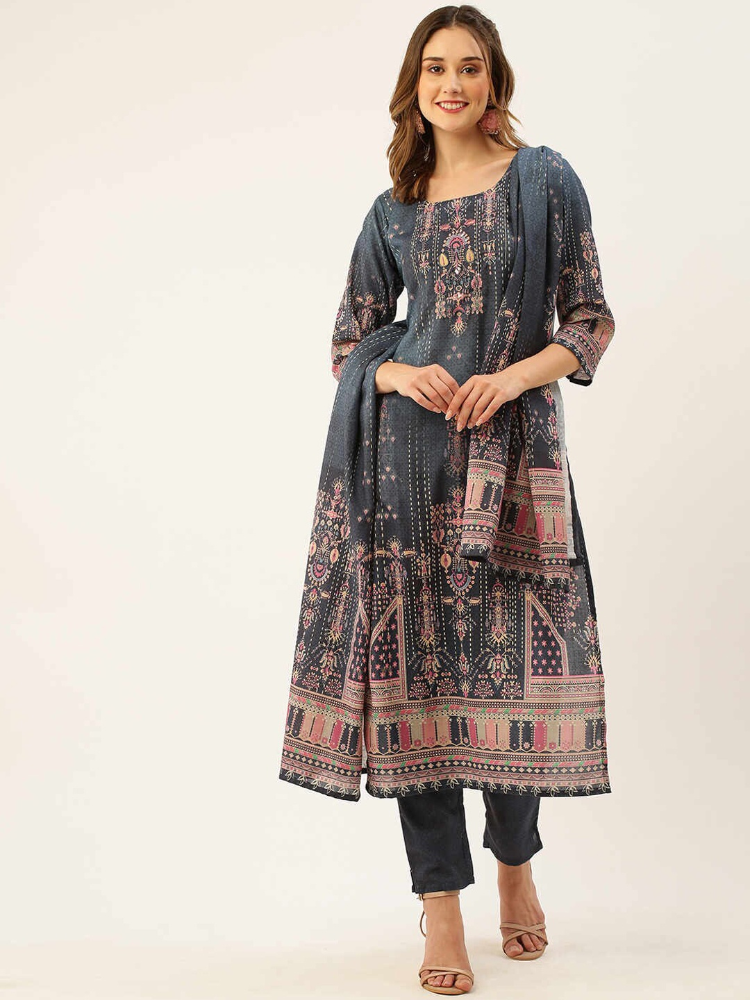 

ZOLA Blue Ethnic Motifs Printed Sequinned Pure Cotton Kurta with Trousers & Dupatta