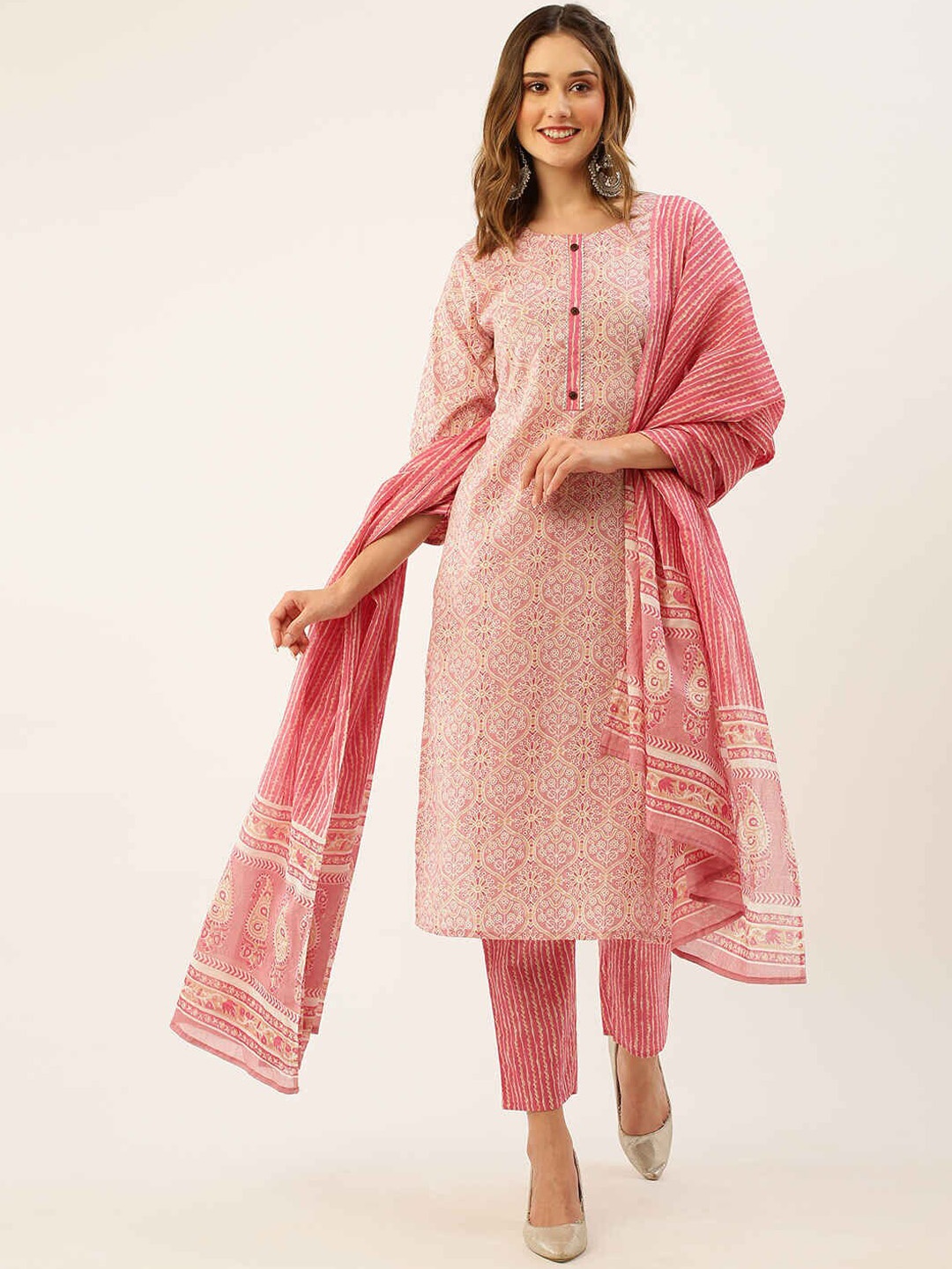 

ZOLA Pink Ethnic Motifs Printed Regular Pure Cotton Kurta With Trousers & Dupatta