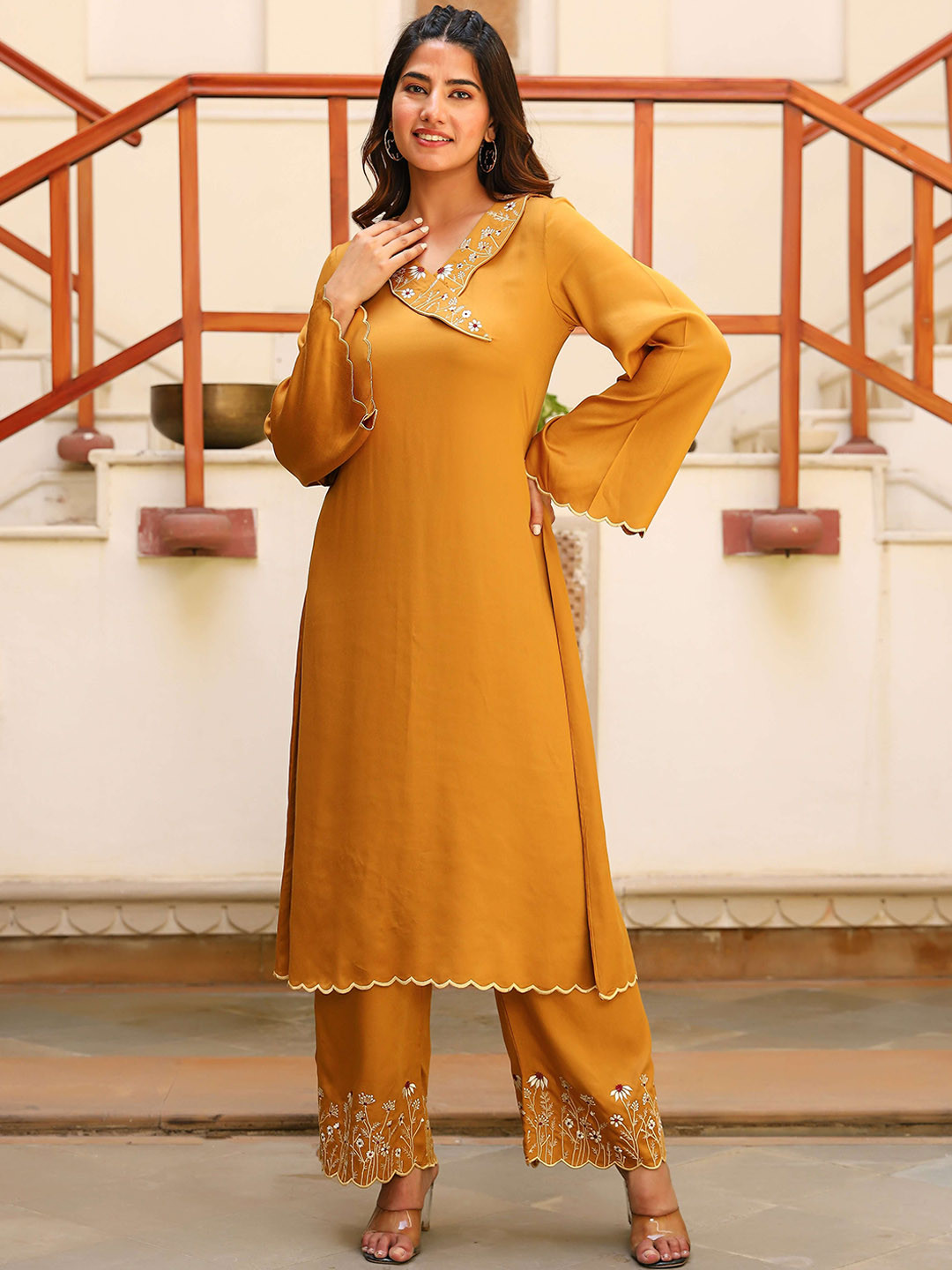 

Lirose Floral Embroidered Thread Work Kurta With Palazzos, Mustard