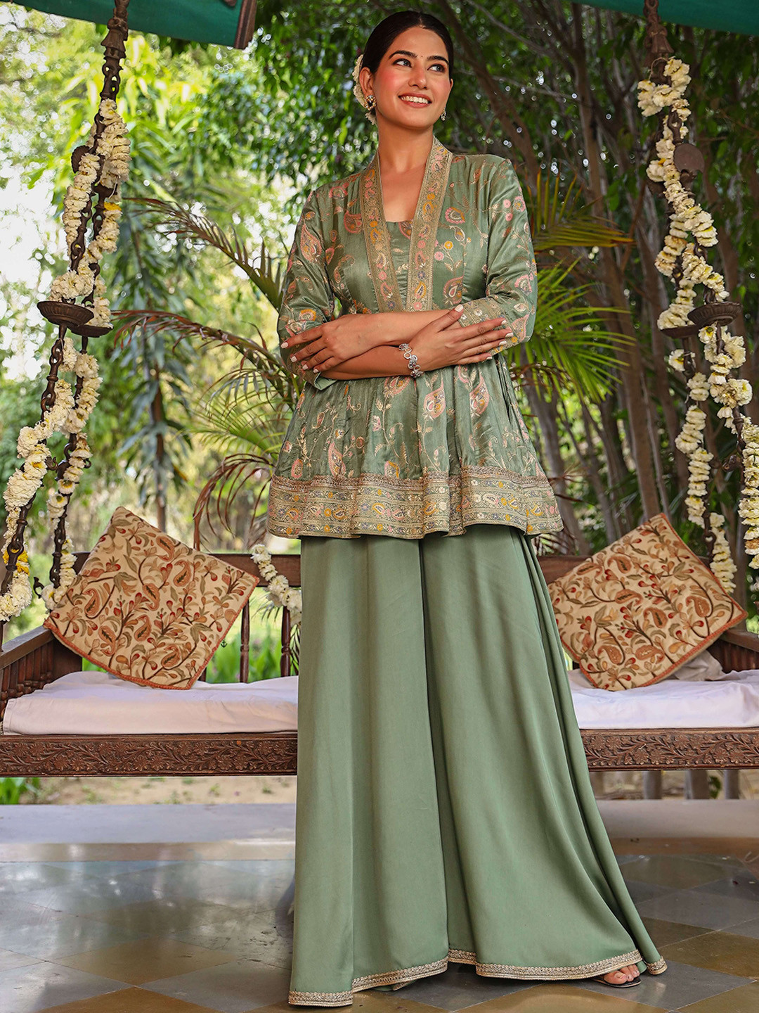 

Lirose Floral Woven Design Pure Cotton Kurti With Palazzos, Green