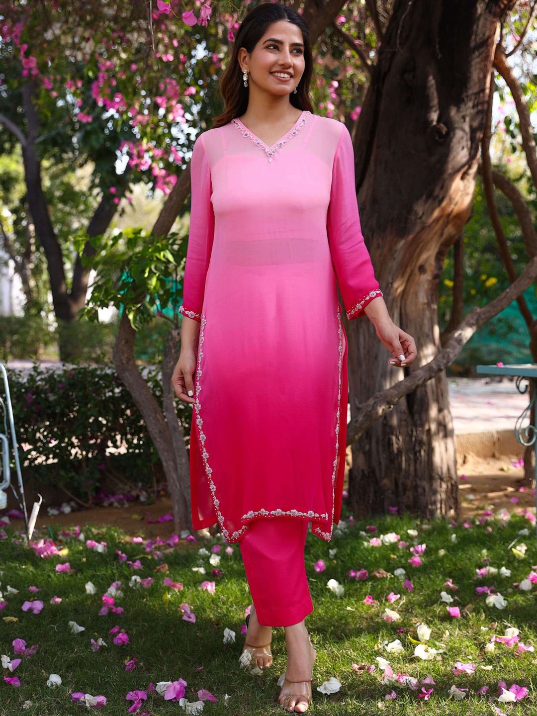 

Lirose Ombre Dyed Beads & Stones Georgette Kurta With Trousers, Pink